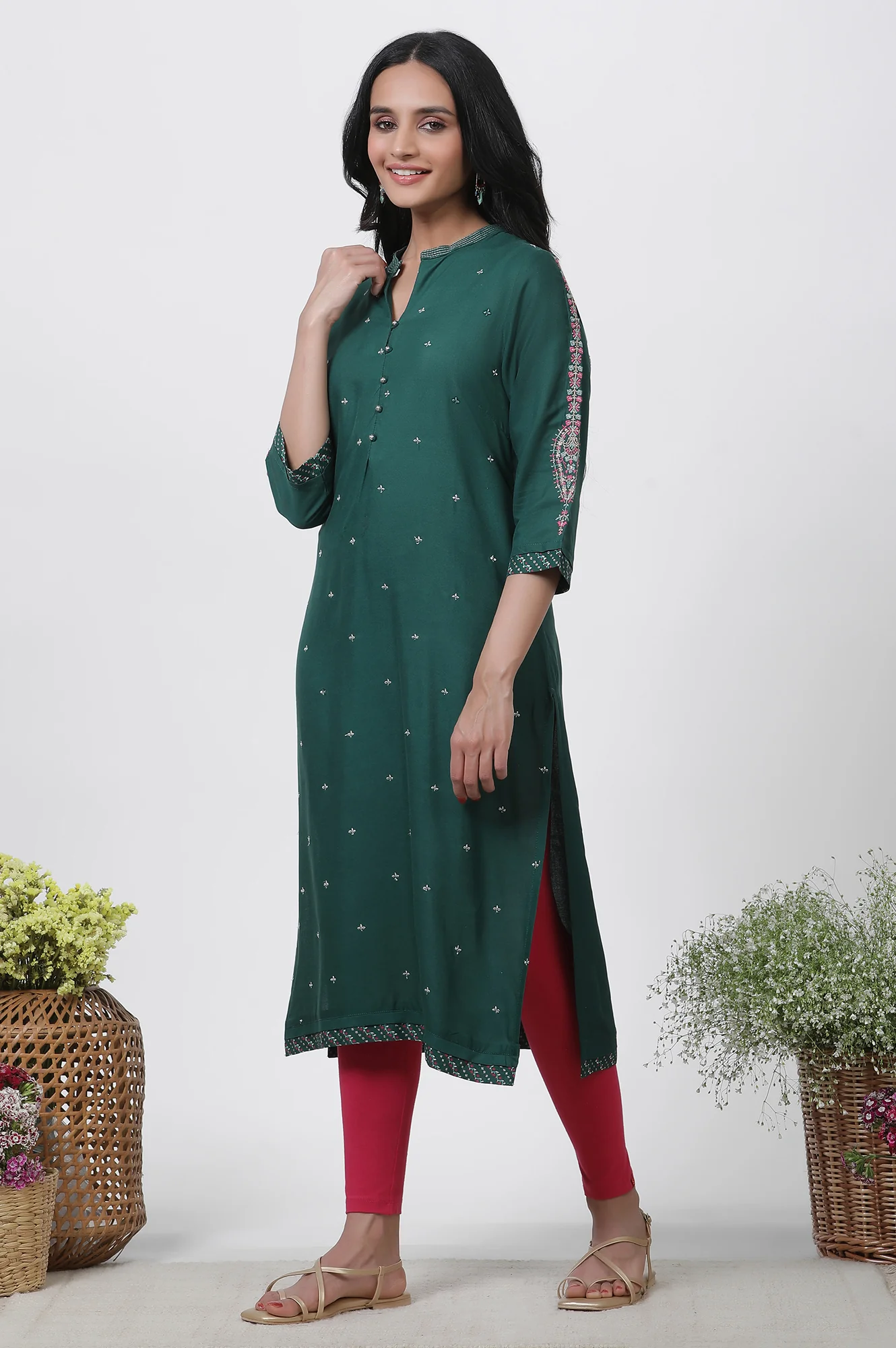 Green Embroidered Kurta, Tights And Dupatta Set - Image 3