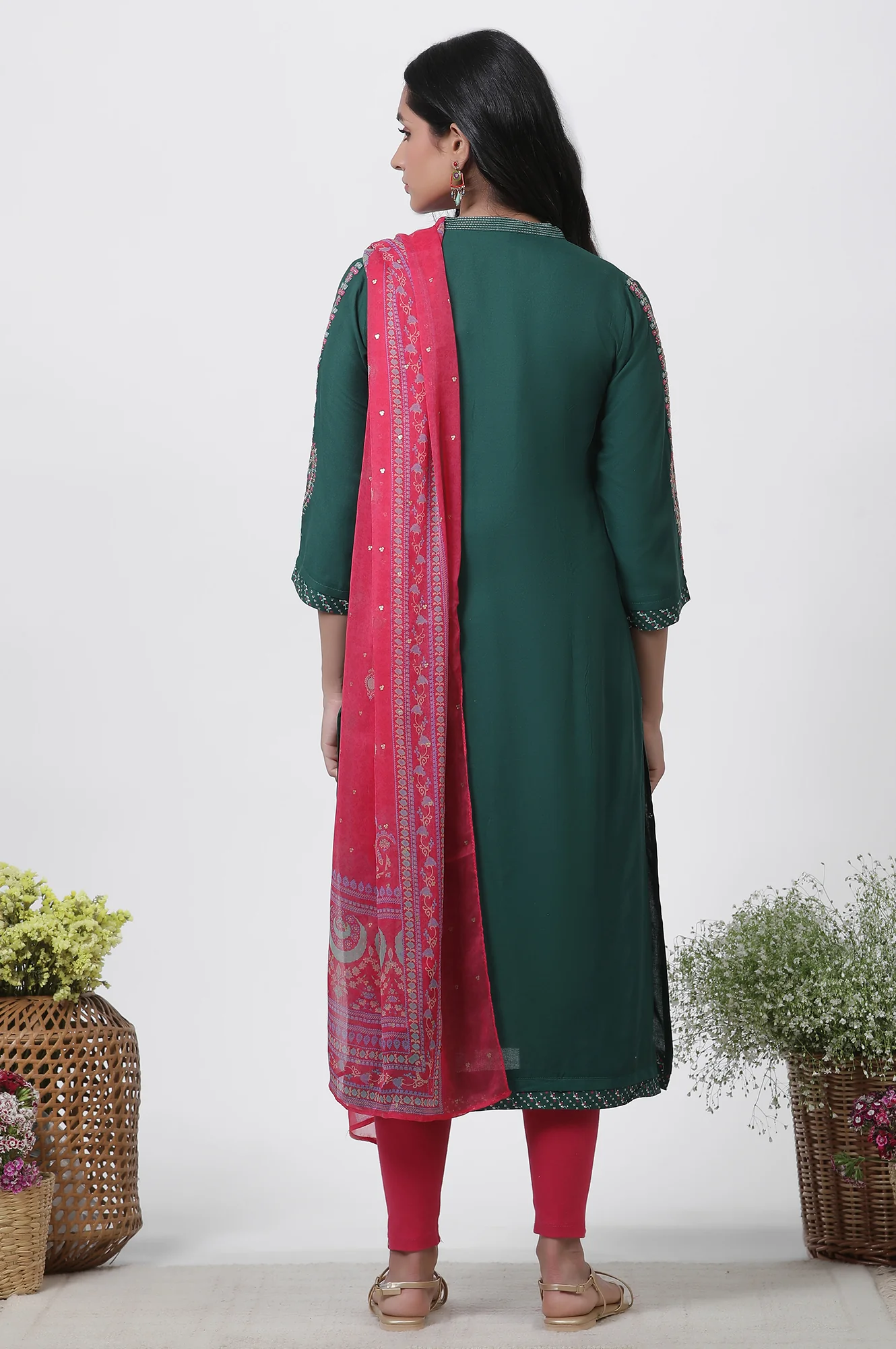 Green Embroidered Kurta, Tights And Dupatta Set - Image 4