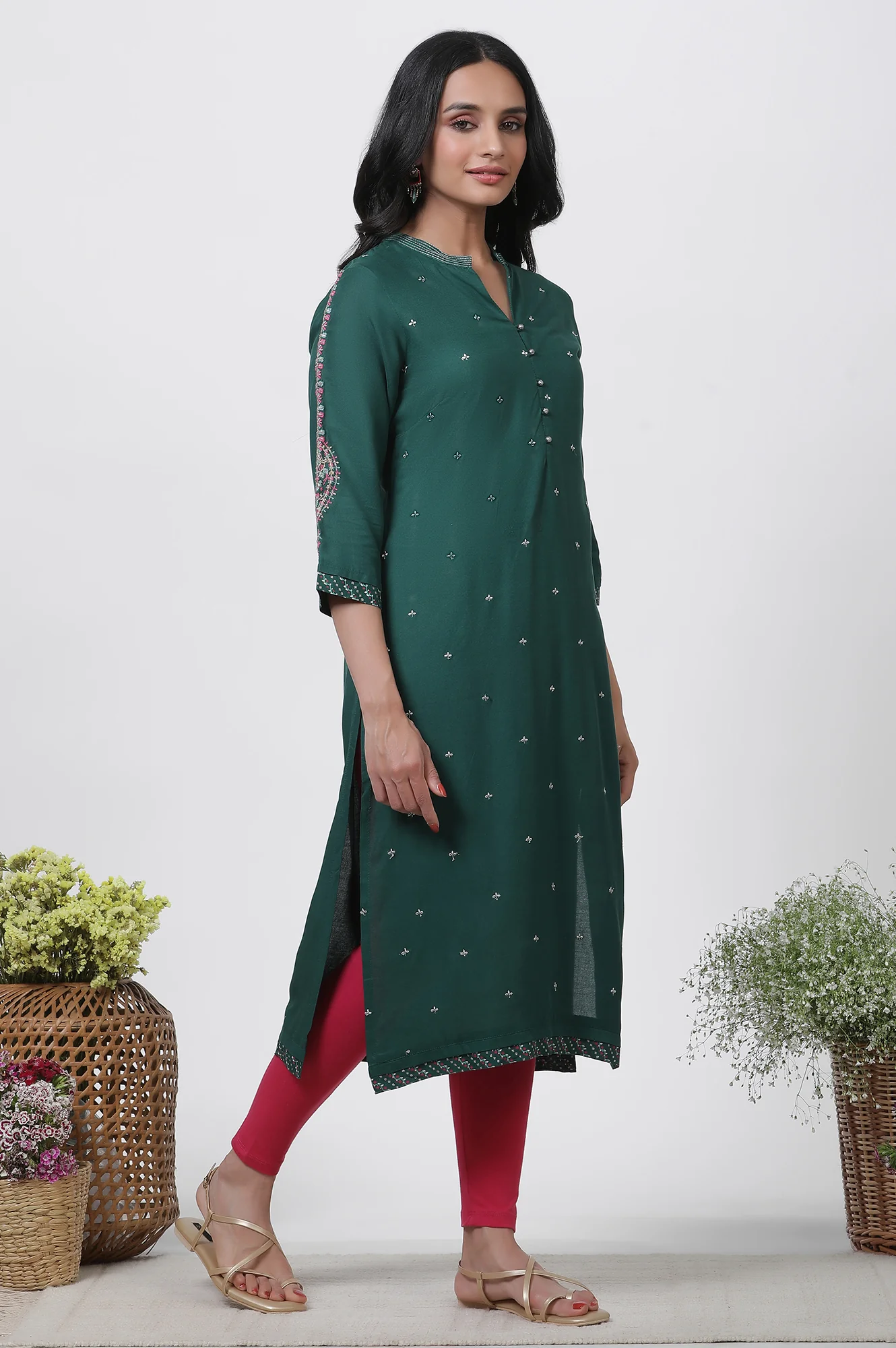 Green Embroidered Kurta, Tights And Dupatta Set - Image 5