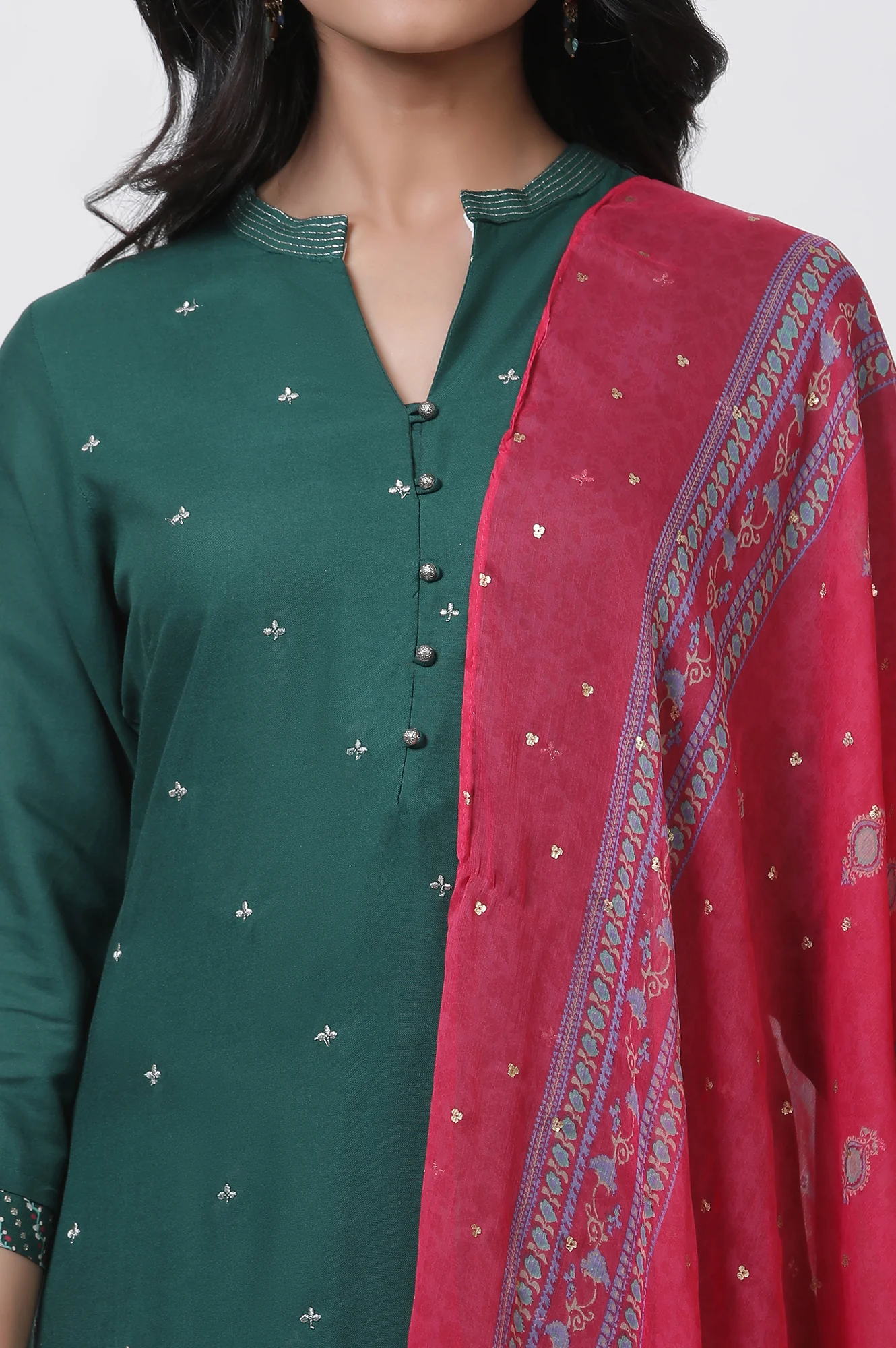 Green Embroidered Kurta, Tights And Dupatta Set - Image 6