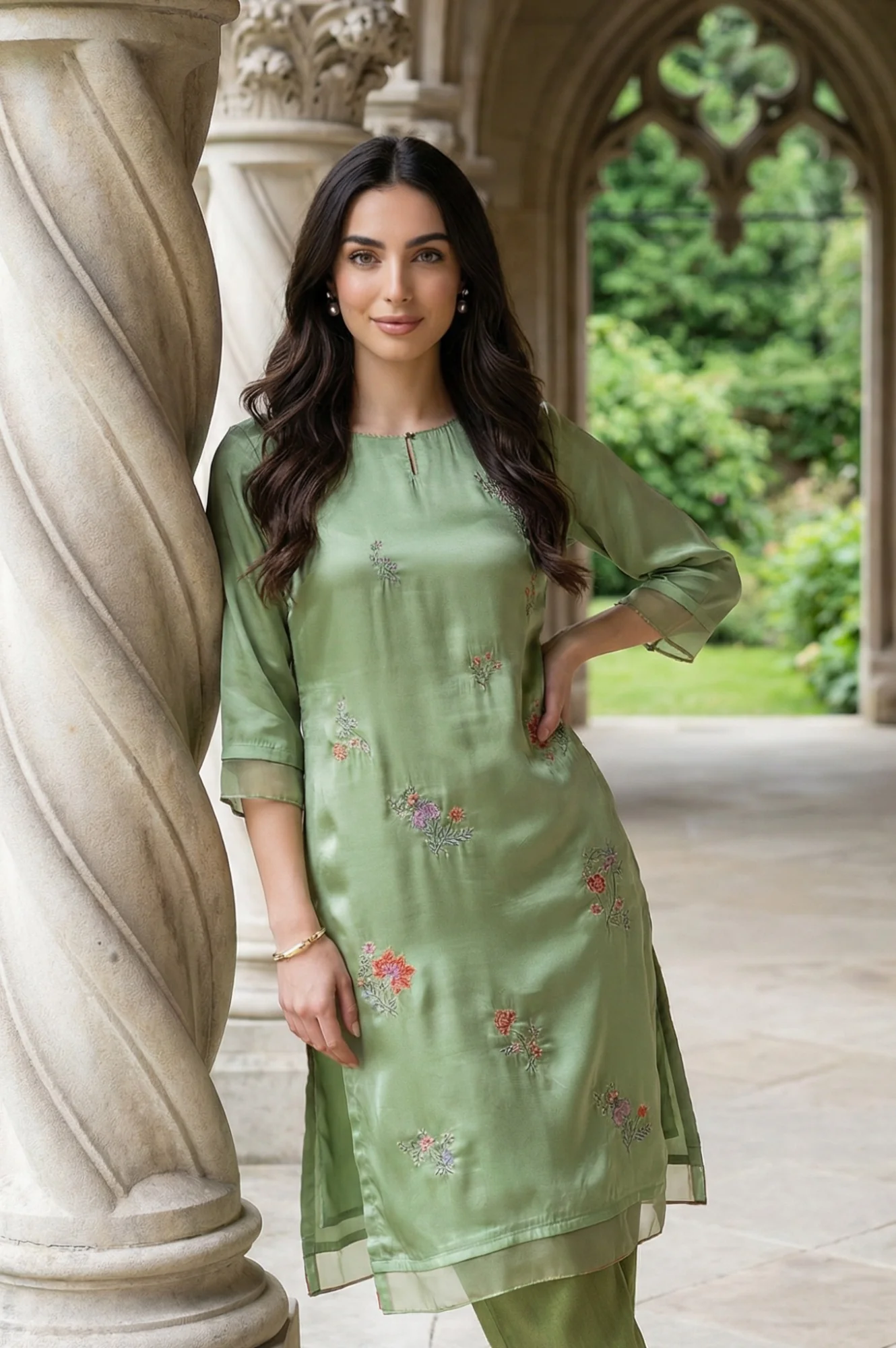 Green Embroidered Shantung Straight Festive Kurta - Image 2