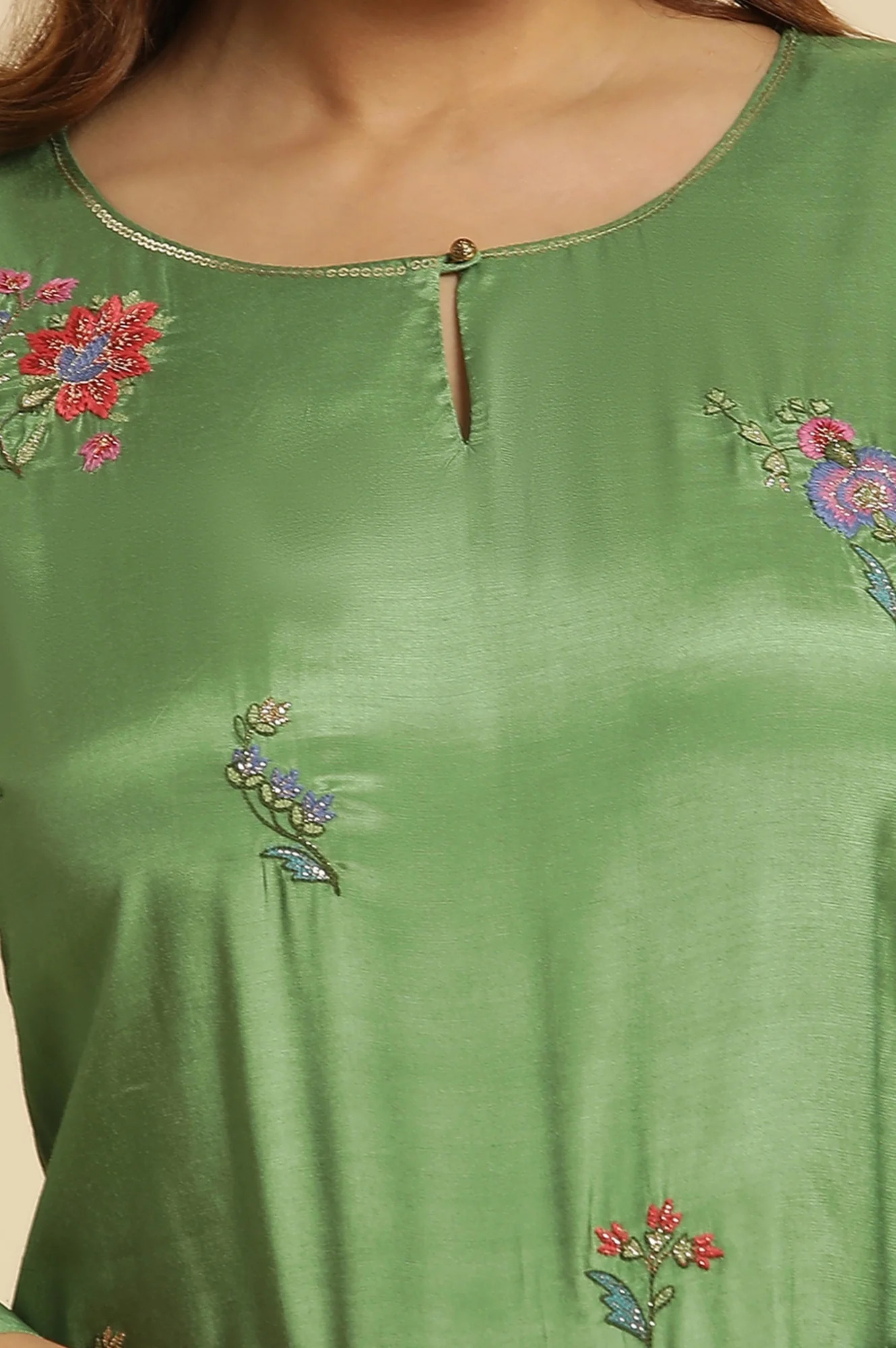Green Embroidered Shantung Straight Festive Kurta - Image 3