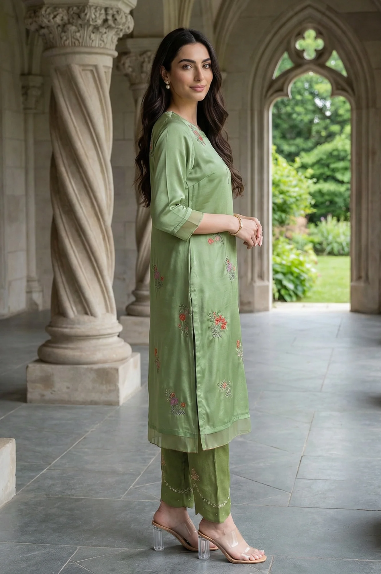 Green Embroidered Shantung Straight Festive Kurta - Image 4