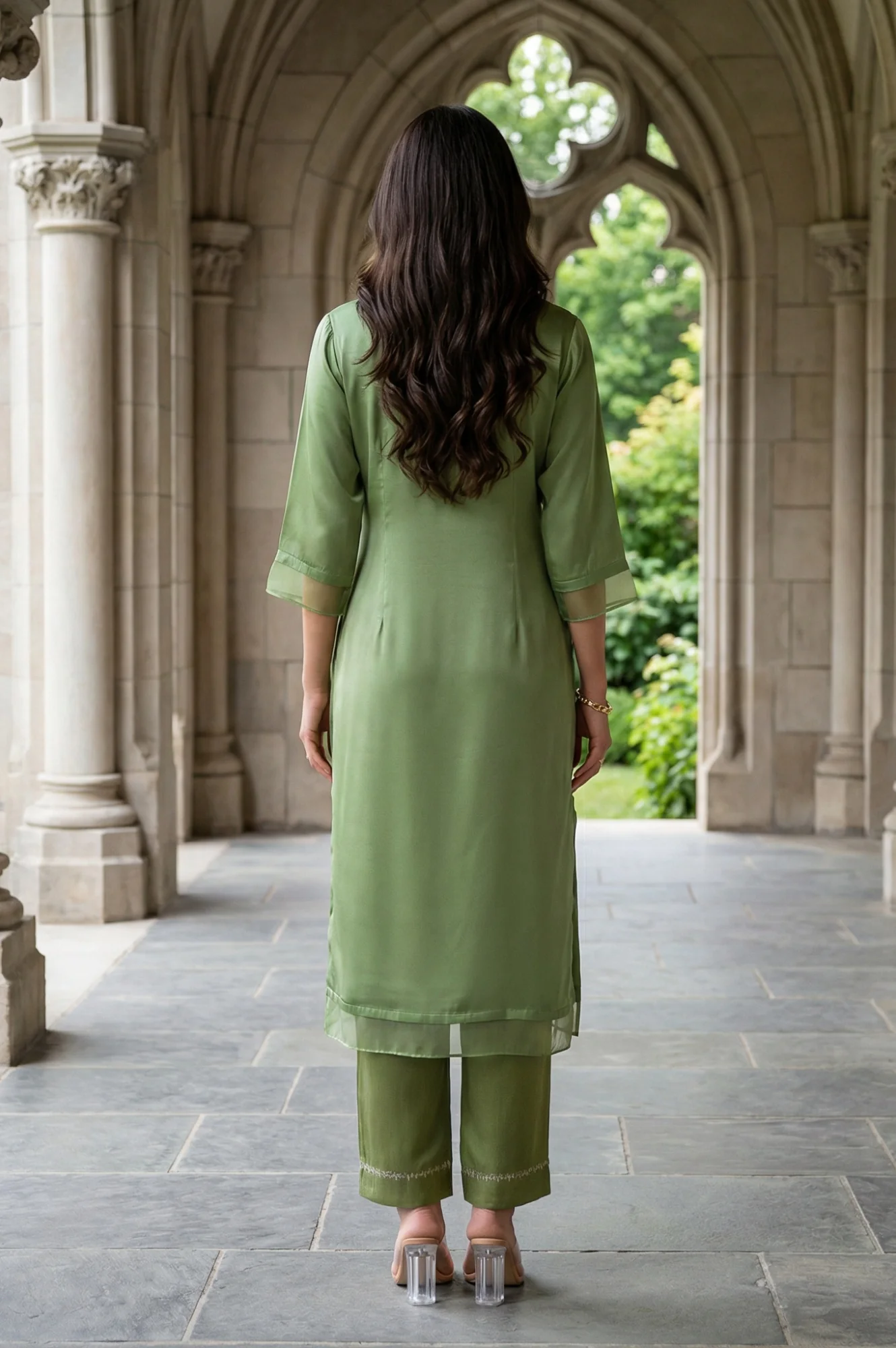 Green Embroidered Shantung Straight Festive Kurta - Image 5