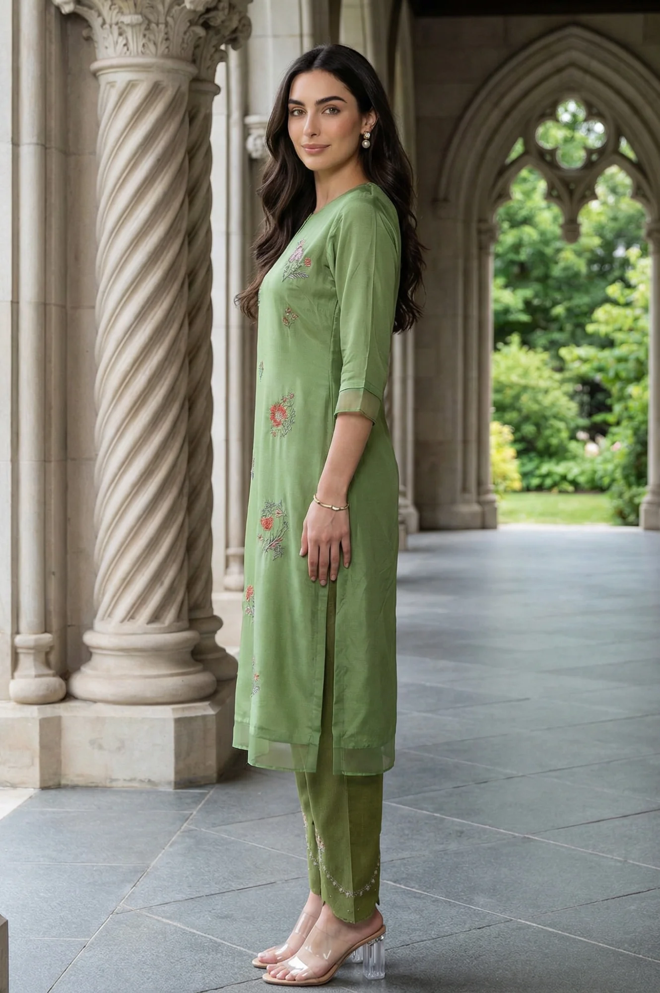 Green Embroidered Shantung Straight Festive Kurta - Image 6