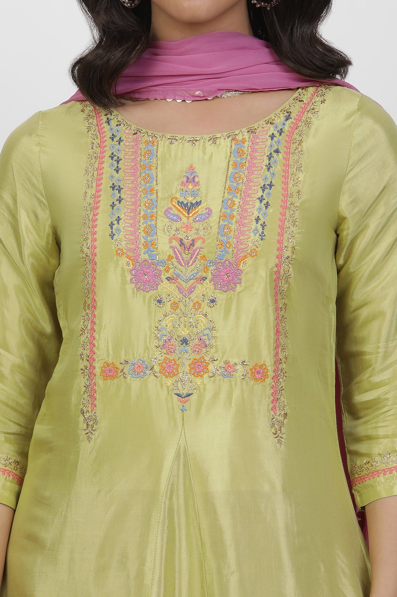 Green Embroidered Shantung Kurta, Pants And Dupatta Set - Image 6