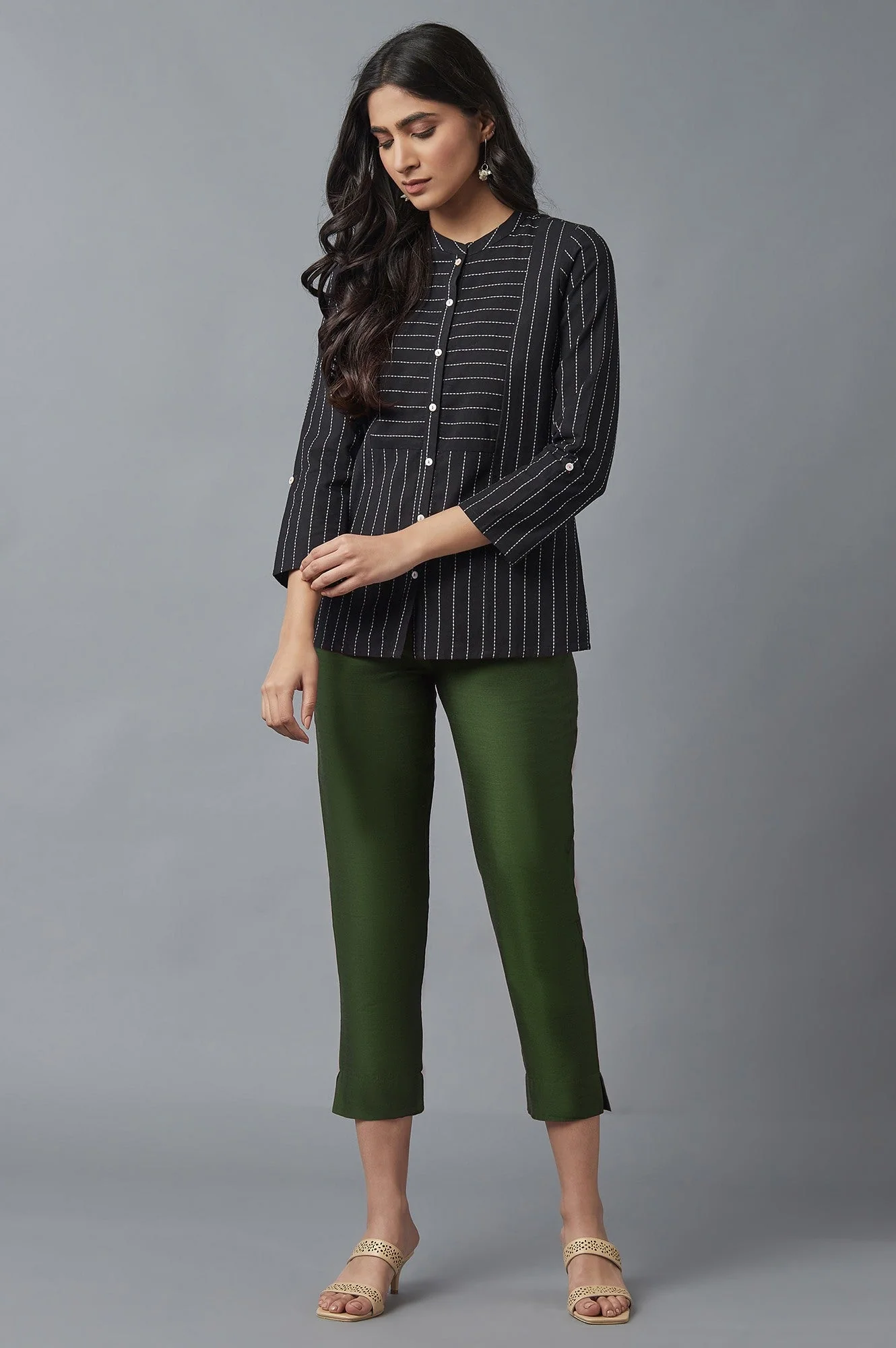 Elleven Women's Muted Sage Green Solid Straight Fit Woven Trousers With Elasticated Waistband - Image 5