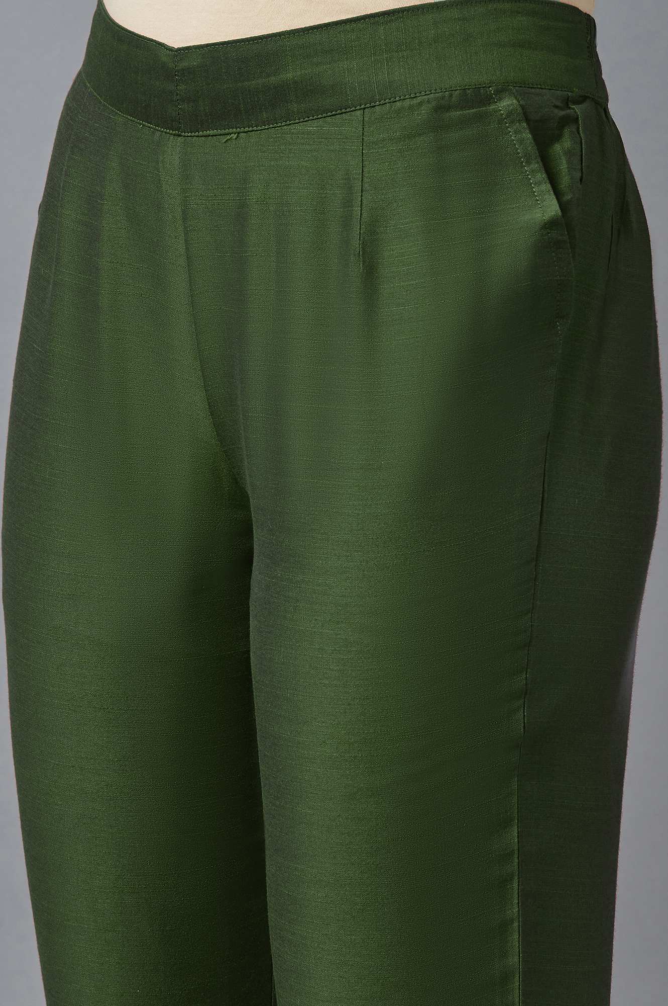 Elleven Women's Muted Sage Green Solid Straight Fit Woven Trousers With Elasticated Waistband - Image 6