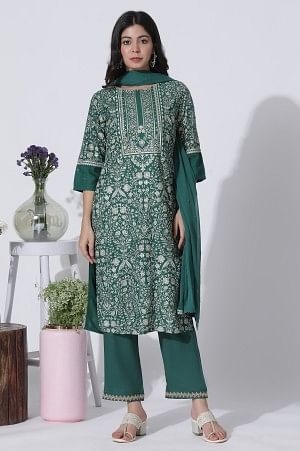 Green Floral Printed Embellished Kurta, Pants With Dupatta Set - Image 2