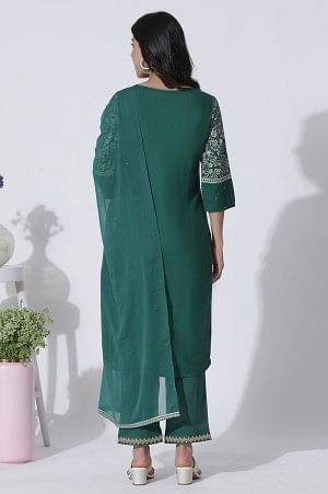 Green Floral Printed Embellished Kurta, Pants With Dupatta Set - Image 4