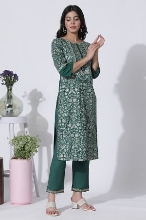 Green Floral Printed Embellished Kurta, Pants With Dupatta Set - Image 5