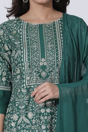 Green Floral Printed Embellished Kurta, Pants With Dupatta Set - Image 6