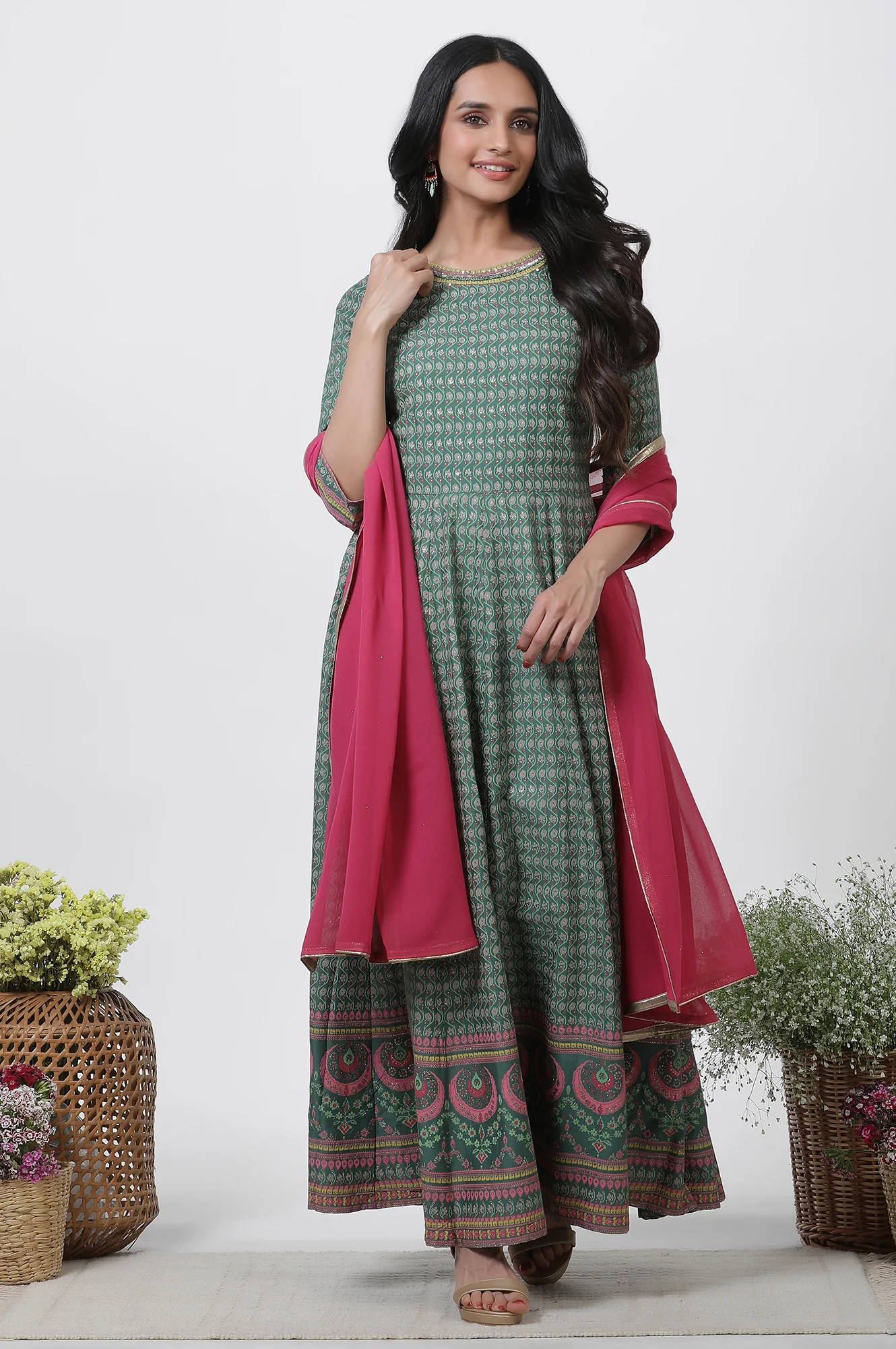 Green Glitter Printed Kalidar Dress And Dupatta Set - Image 2