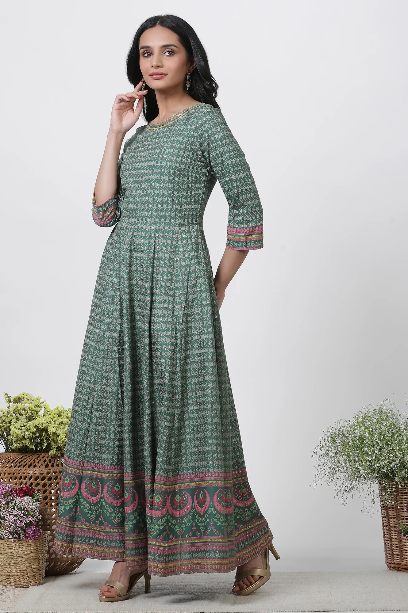 Green Glitter Printed Kalidar Dress And Dupatta Set - Image 3