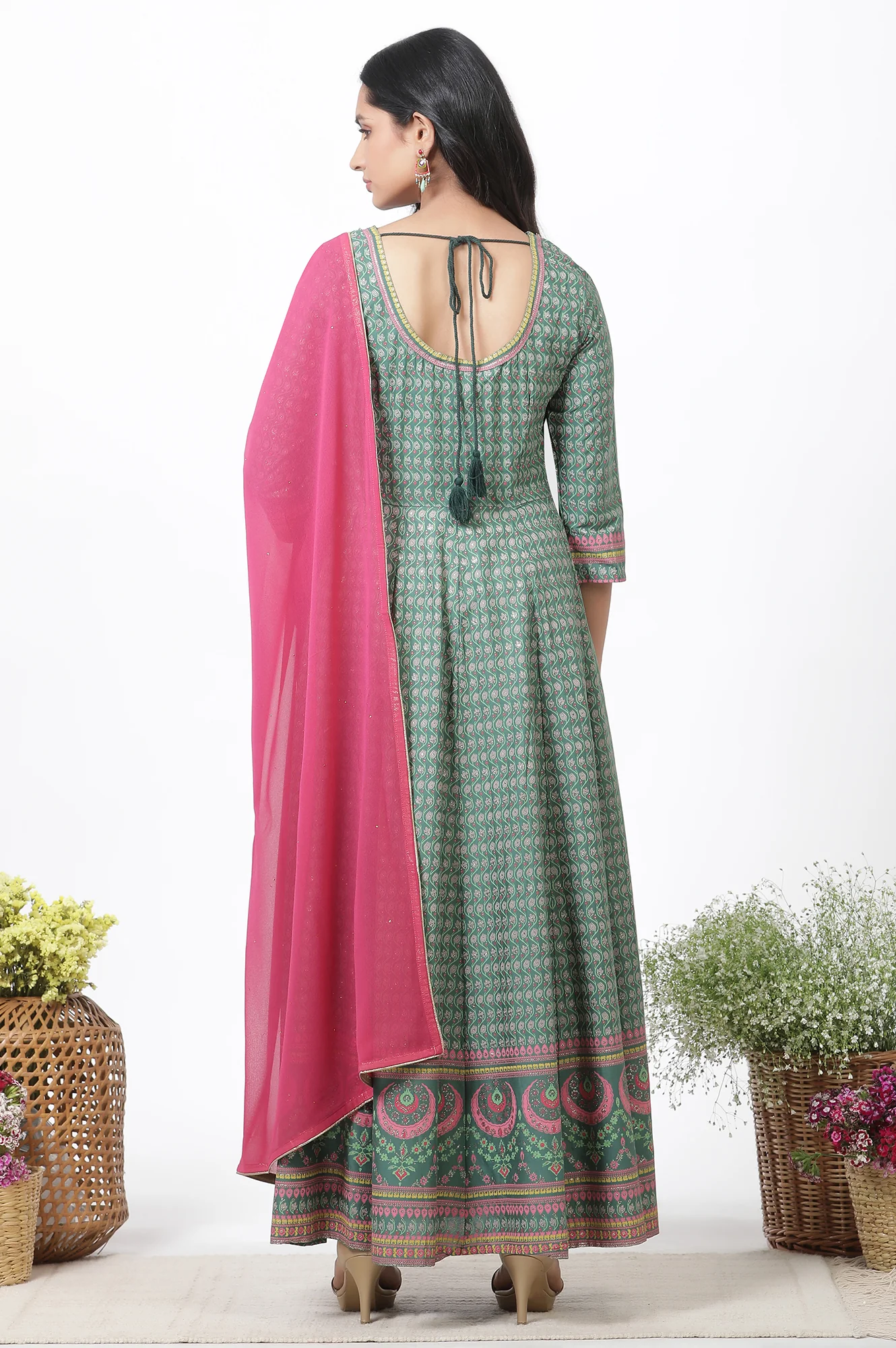 Green Glitter Printed Kalidar Dress And Dupatta Set - Image 4