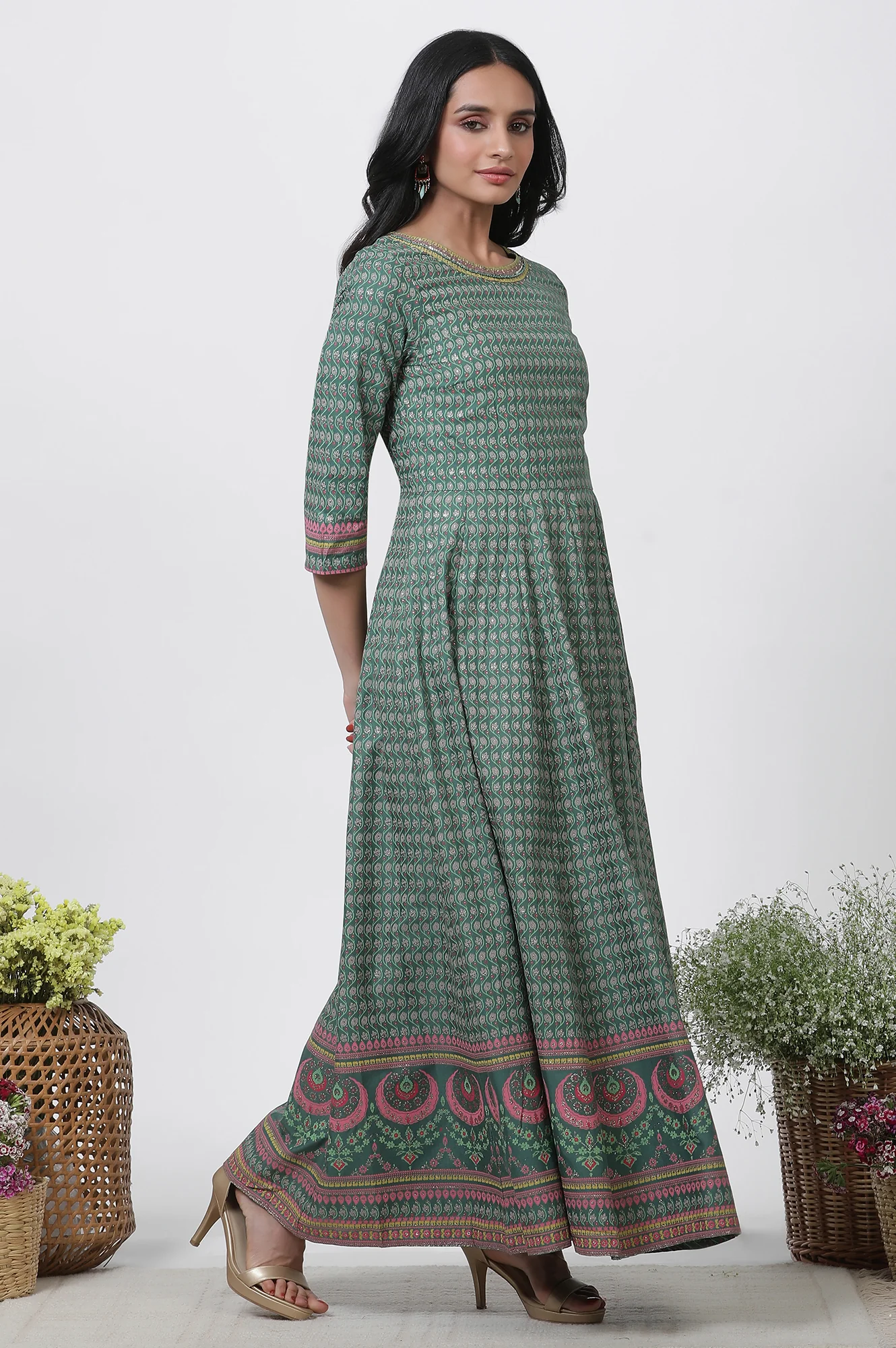 Green Glitter Printed Kalidar Dress And Dupatta Set - Image 5