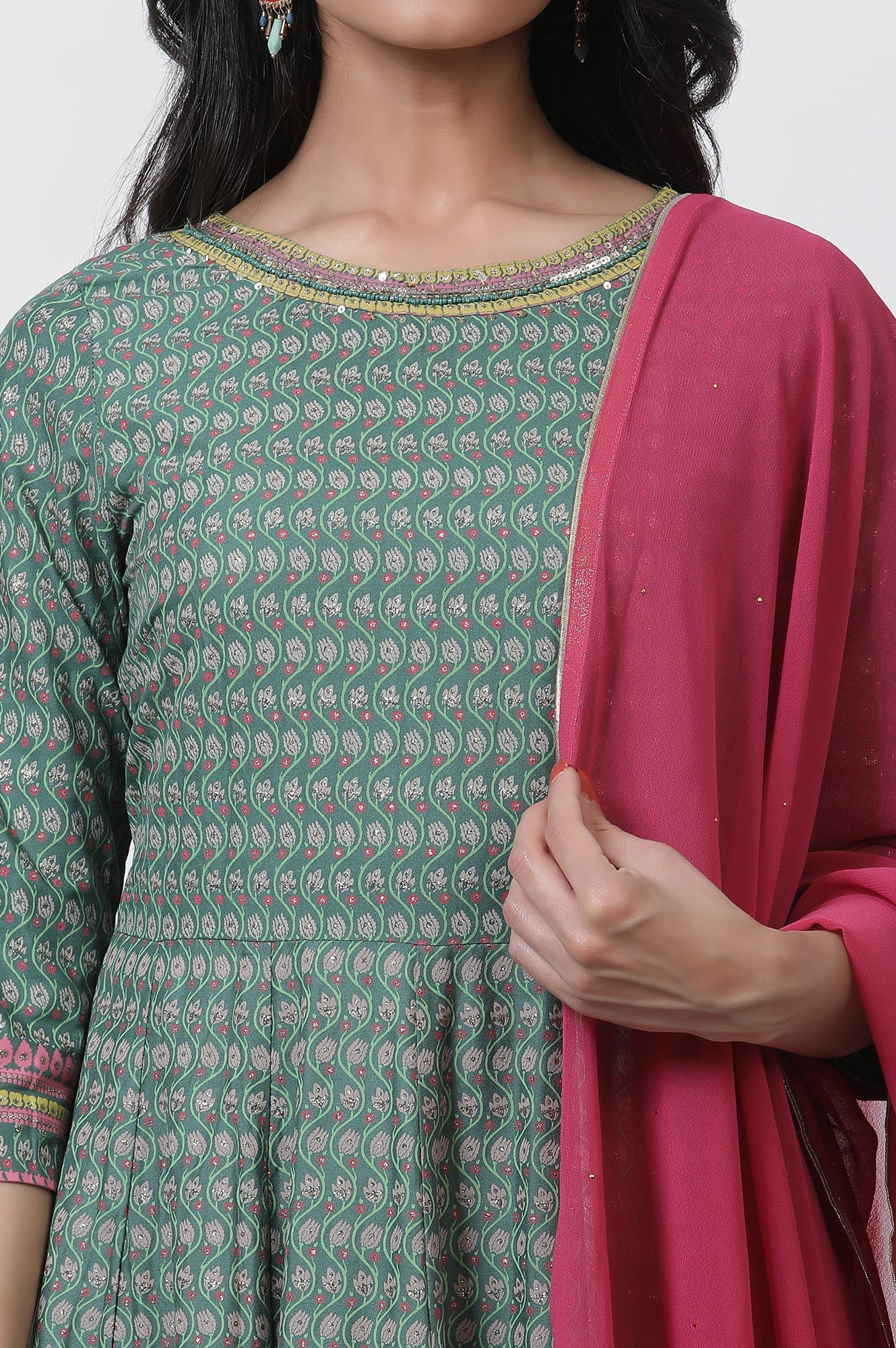 Green Glitter Printed Kalidar Dress And Dupatta Set - Image 6