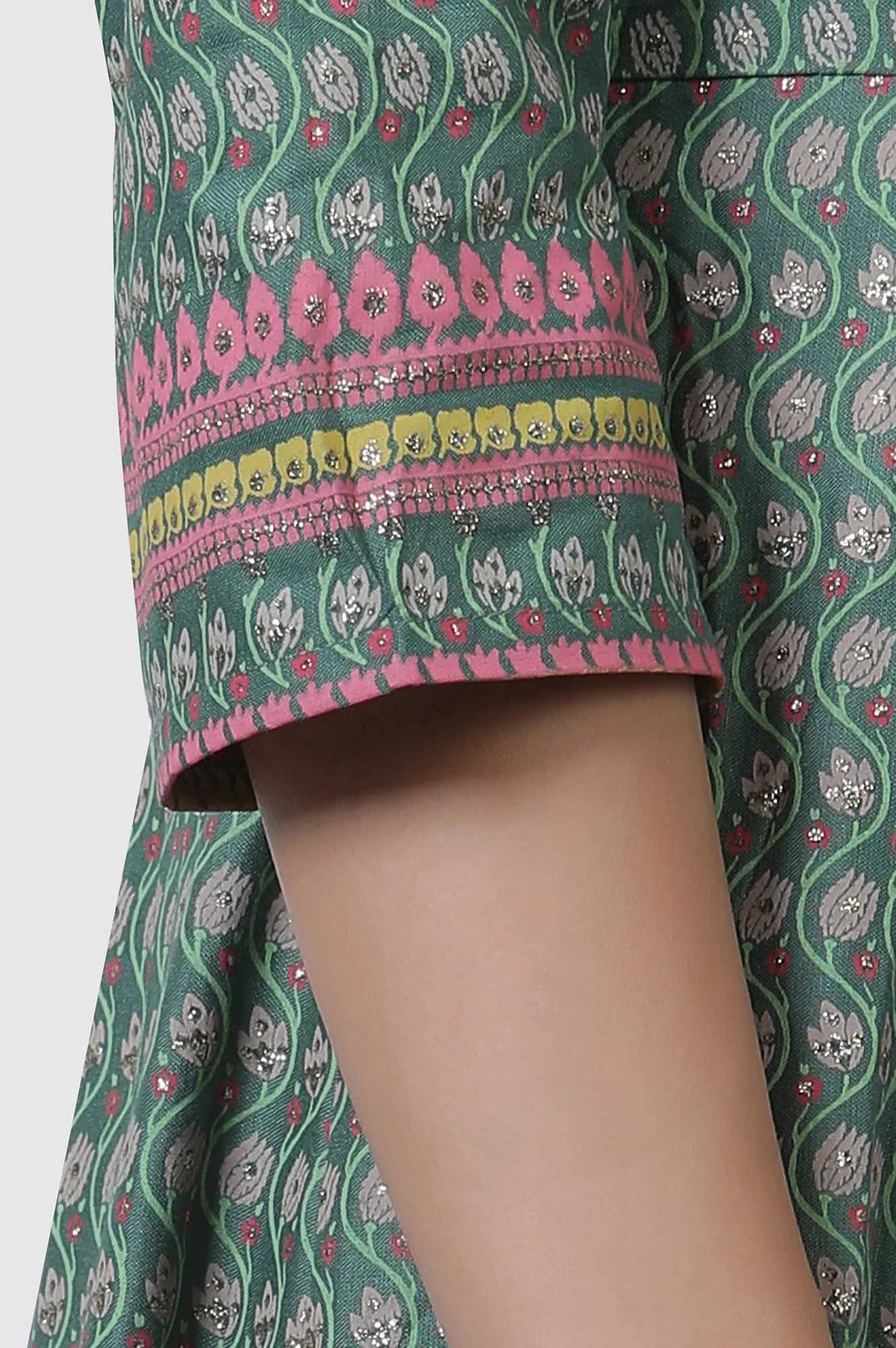 Green Glitter Printed Kalidar Dress And Dupatta Set - Image 7