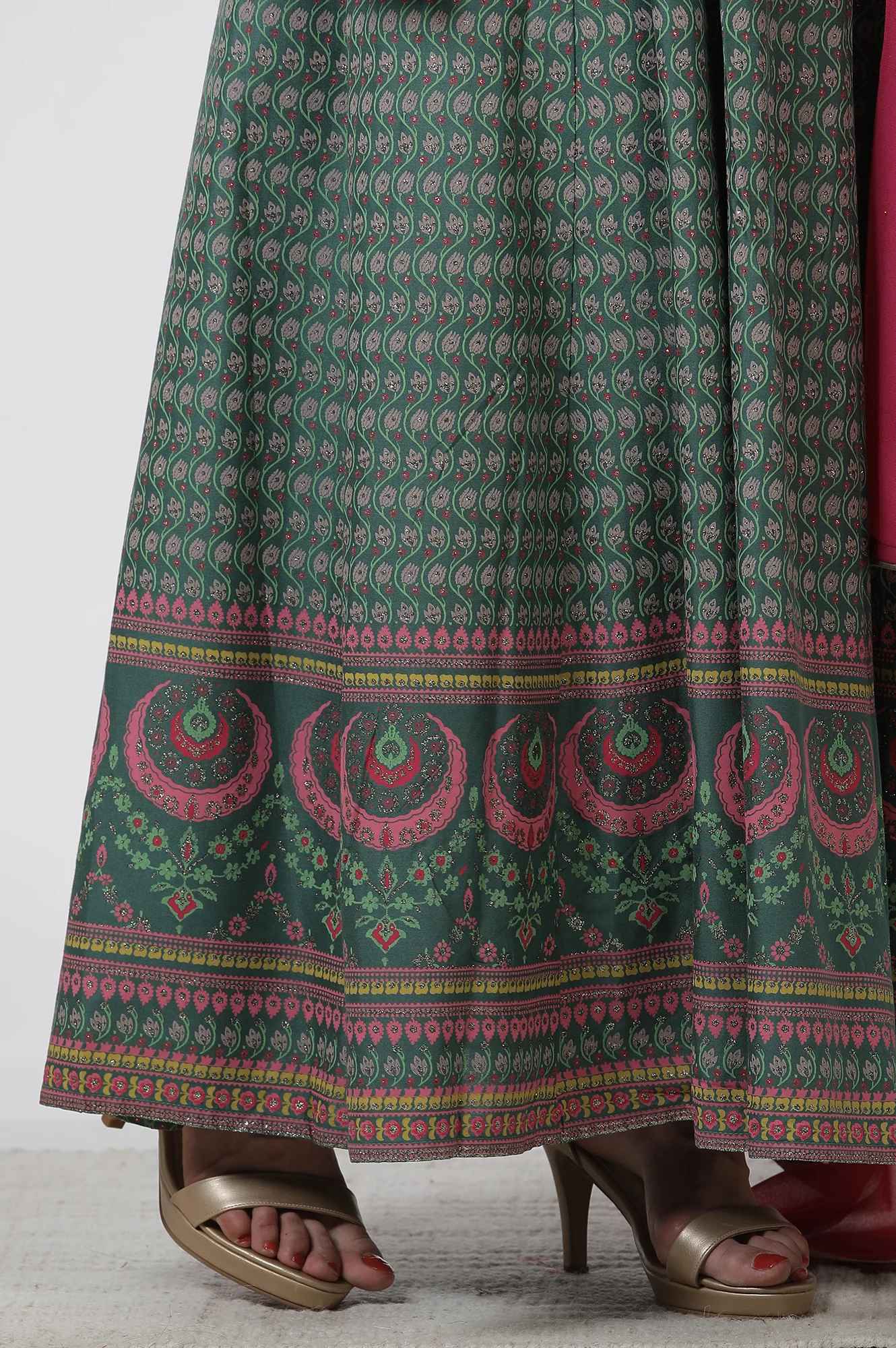 Green Glitter Printed Kalidar Dress And Dupatta Set - Image 8