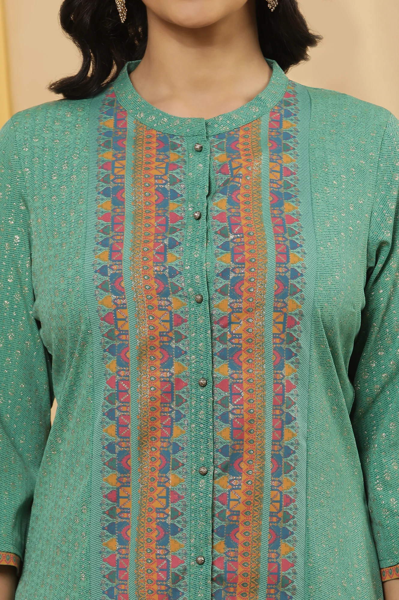 Green Glitter Printed Kurta And Parallel Pats Set - Image 6