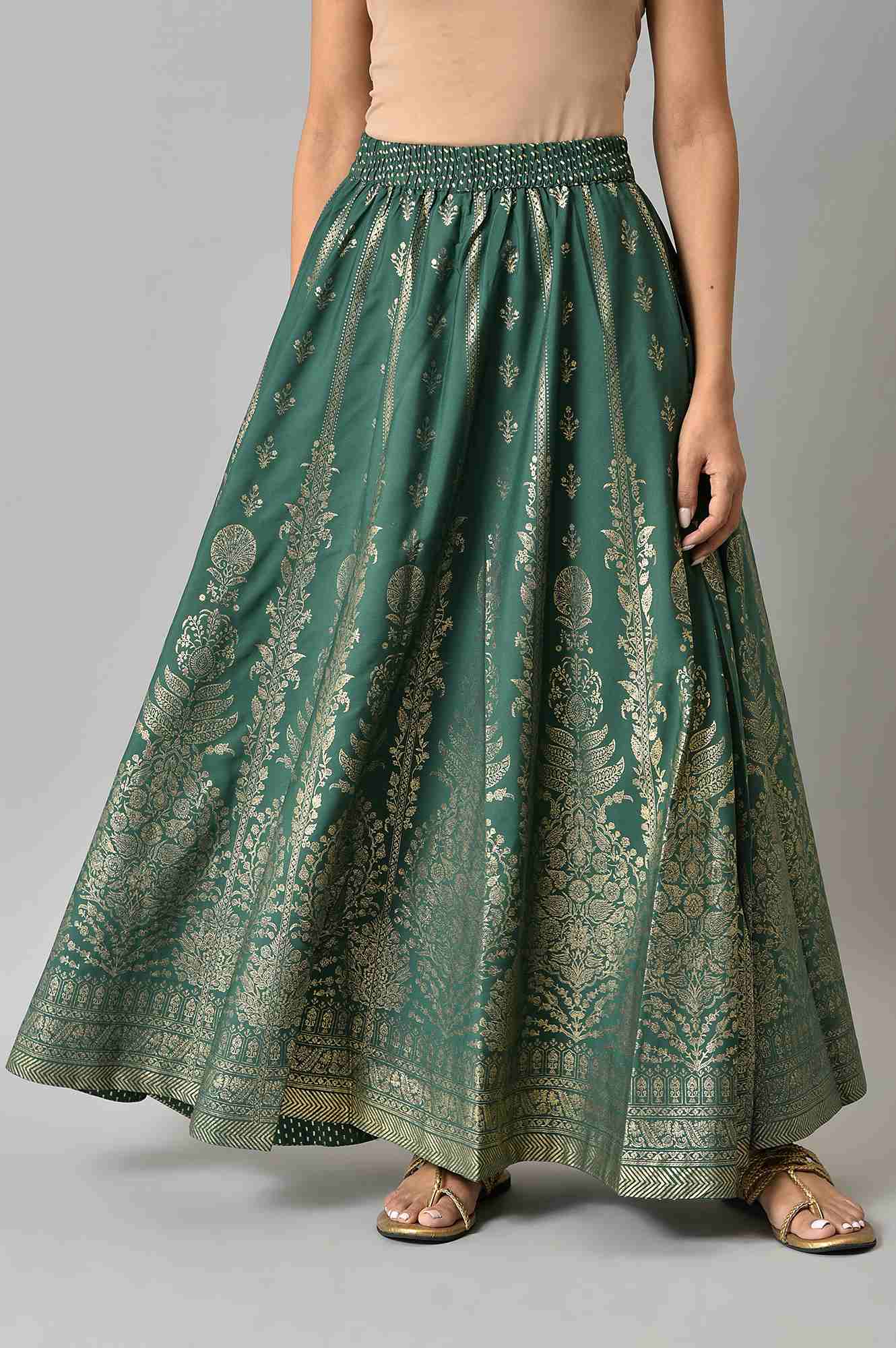Elleven Women's Green Floral Printed Flared Woven Skirt With Elasticated Waist