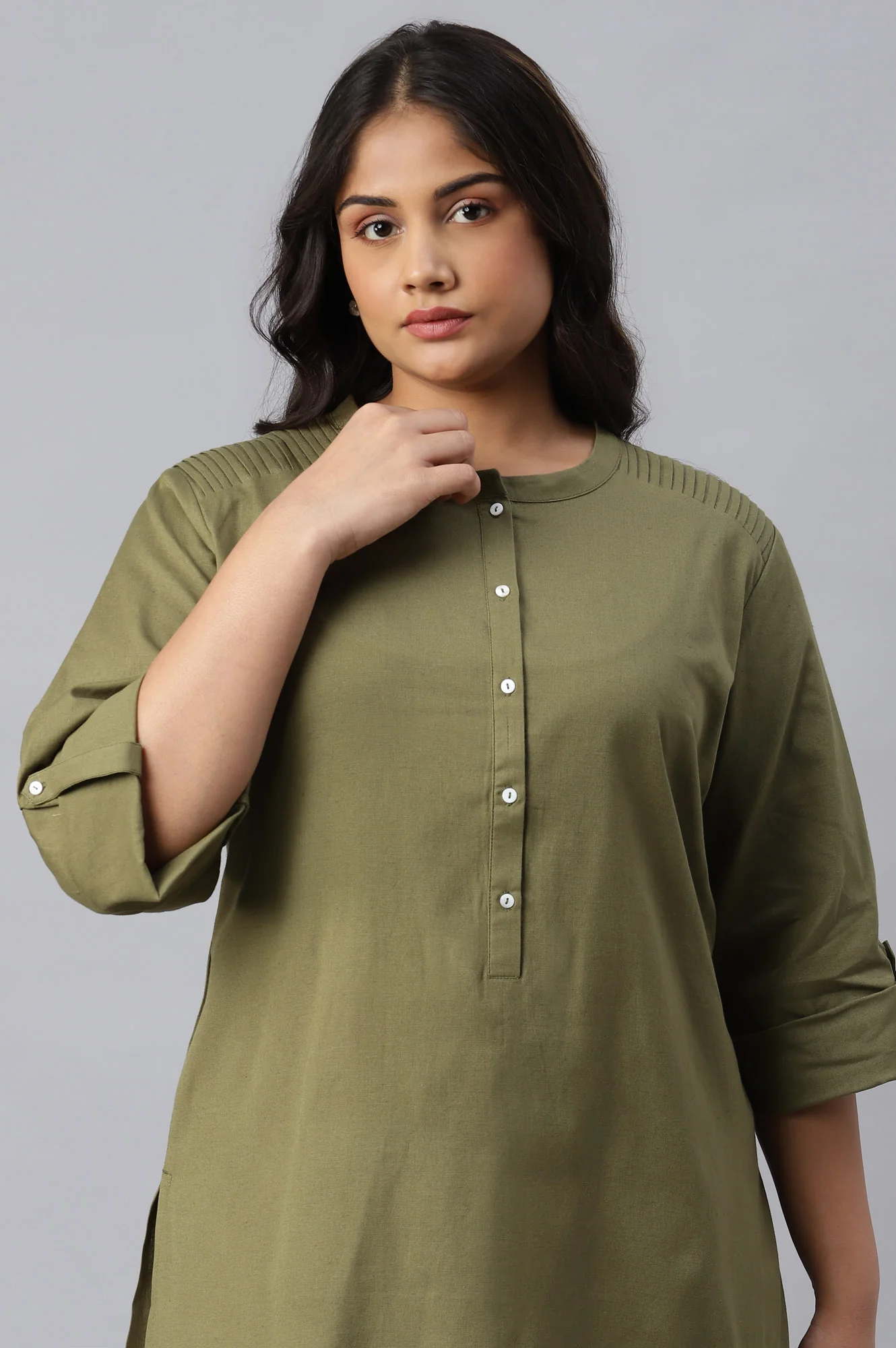 Green Half Placket Plus Size Shirt kurta - Image 5
