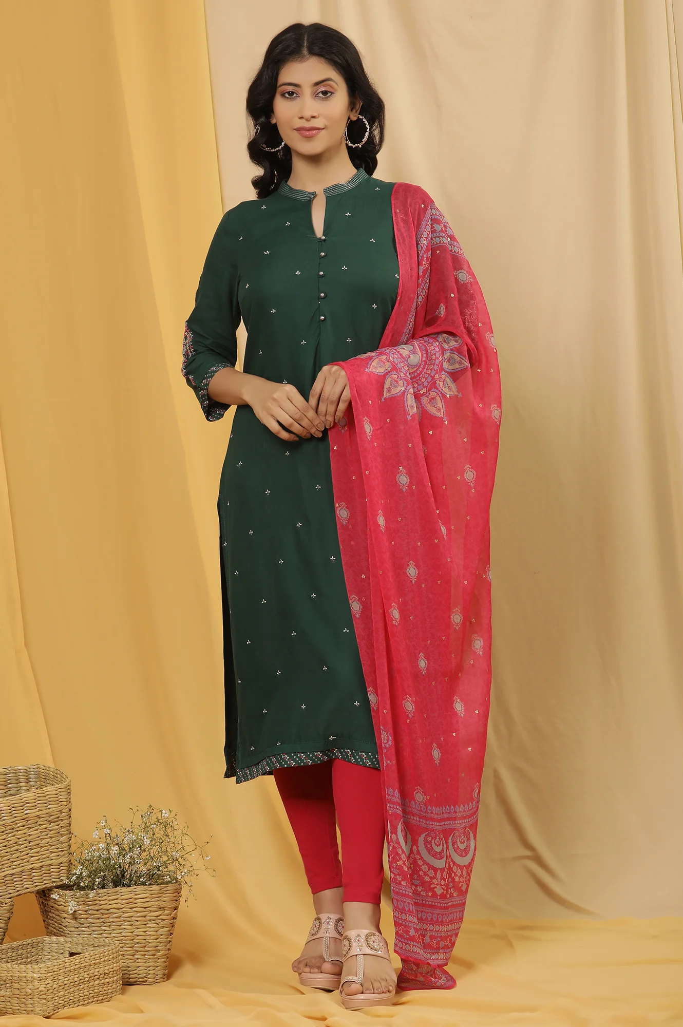 Green Metallic Embroidered Kurta, Pink Tights And Dupatta Set - Image 2