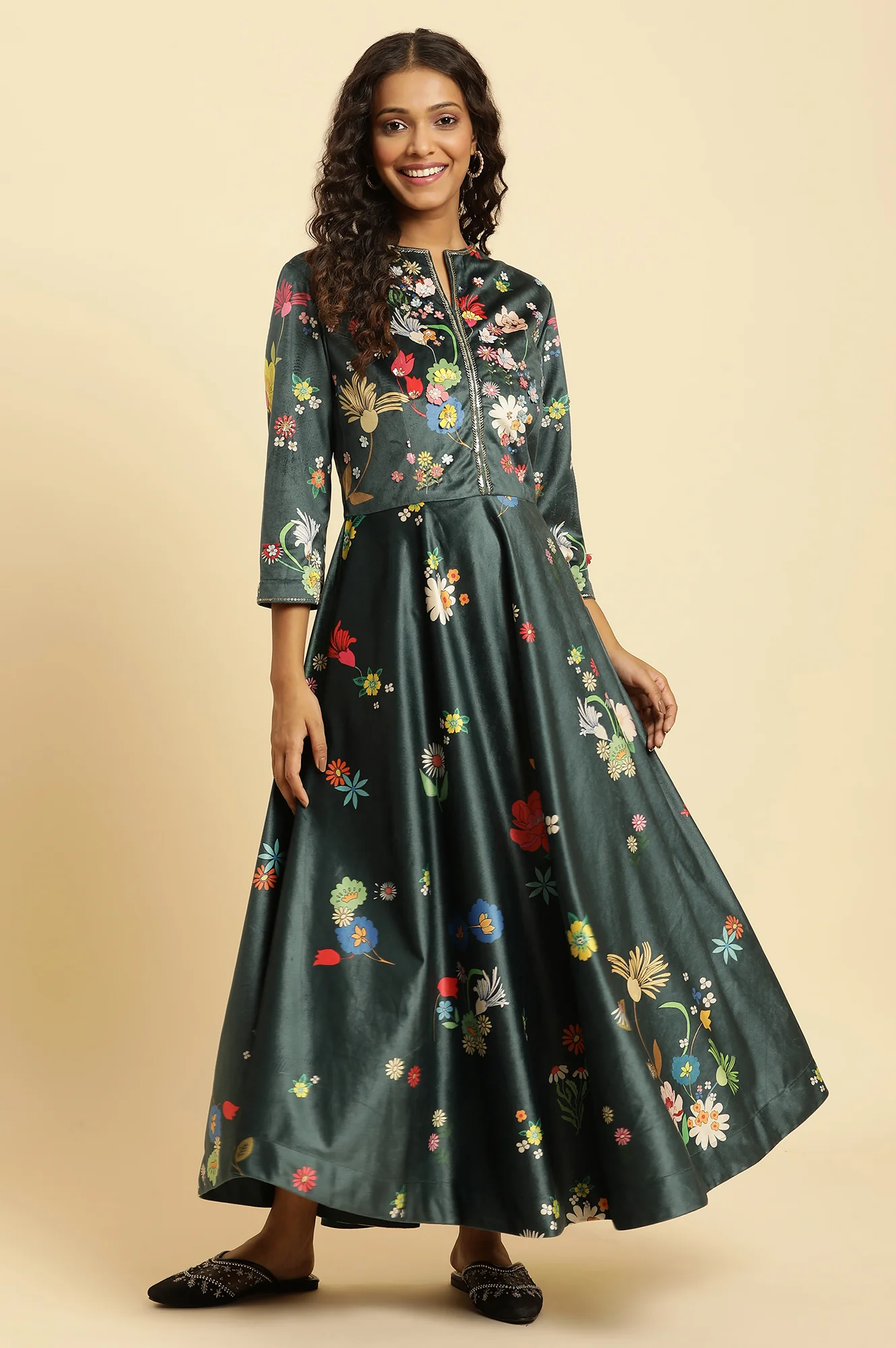 Green Micro Valvet Embellished Dress - Image 2