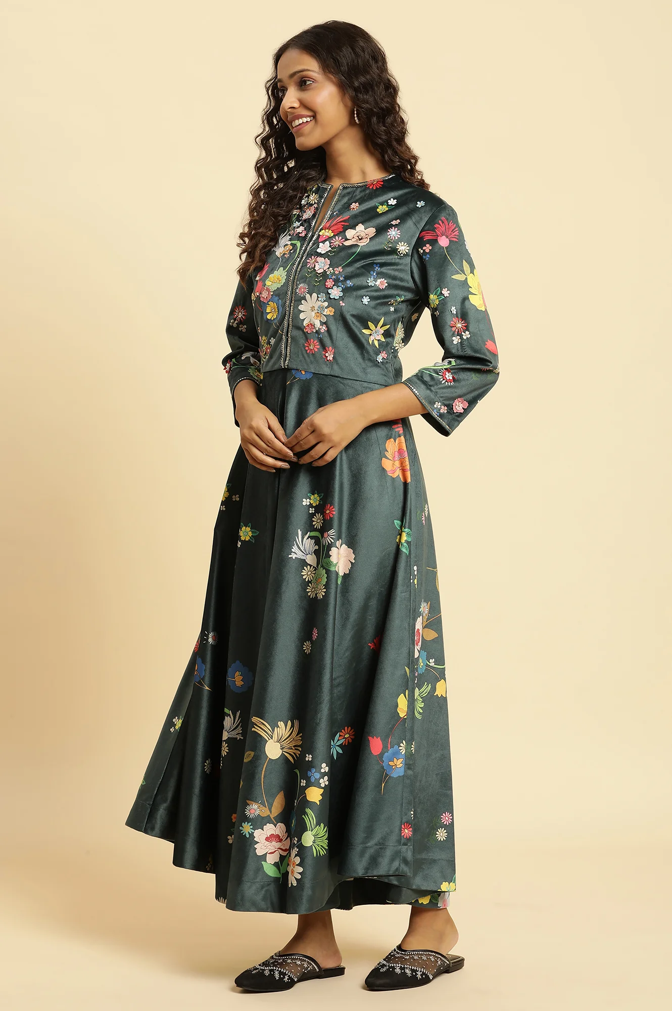 Green Micro Valvet Embellished Dress - Image 3
