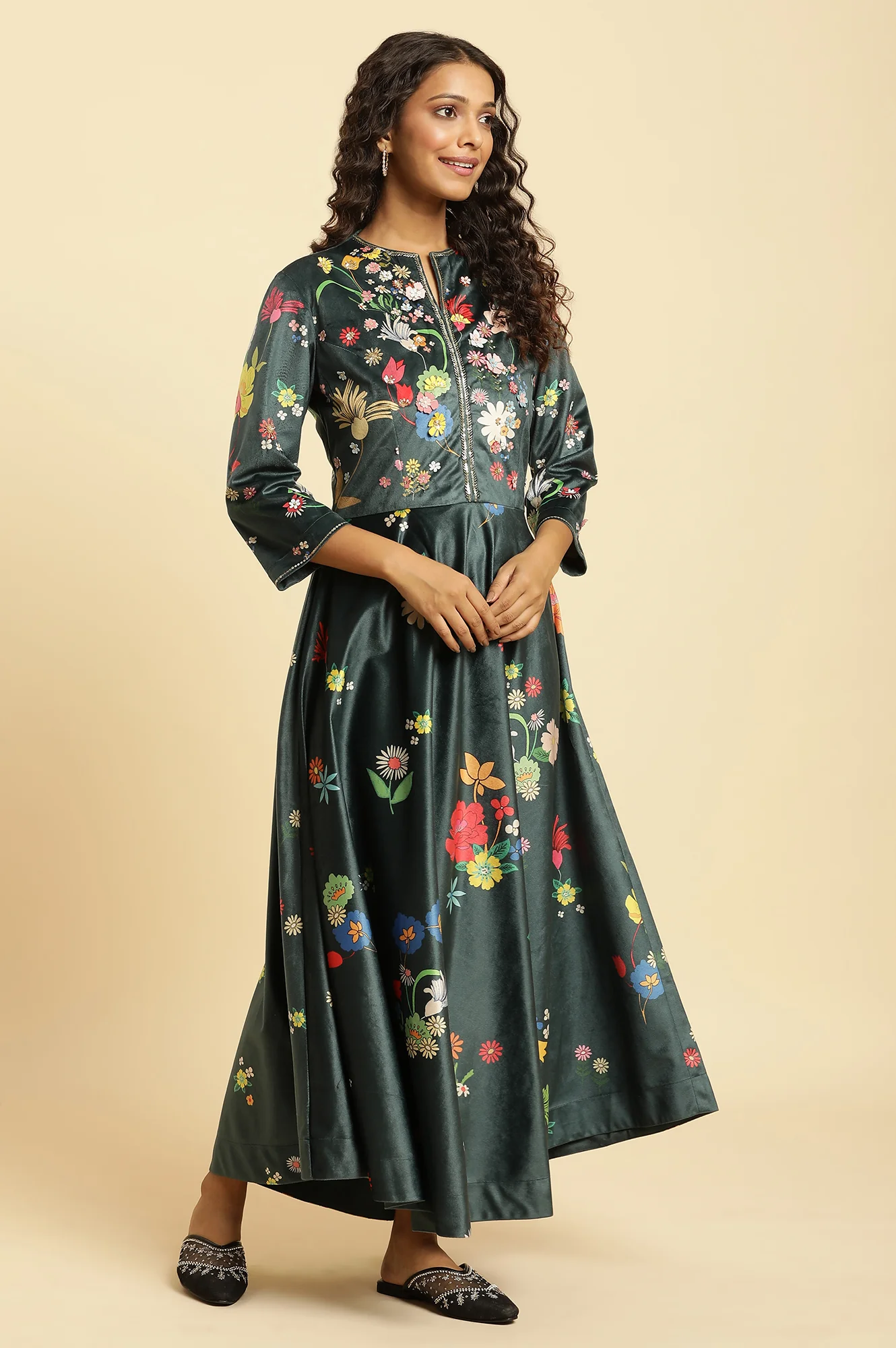 Green Micro Valvet Embellished Dress - Image 5