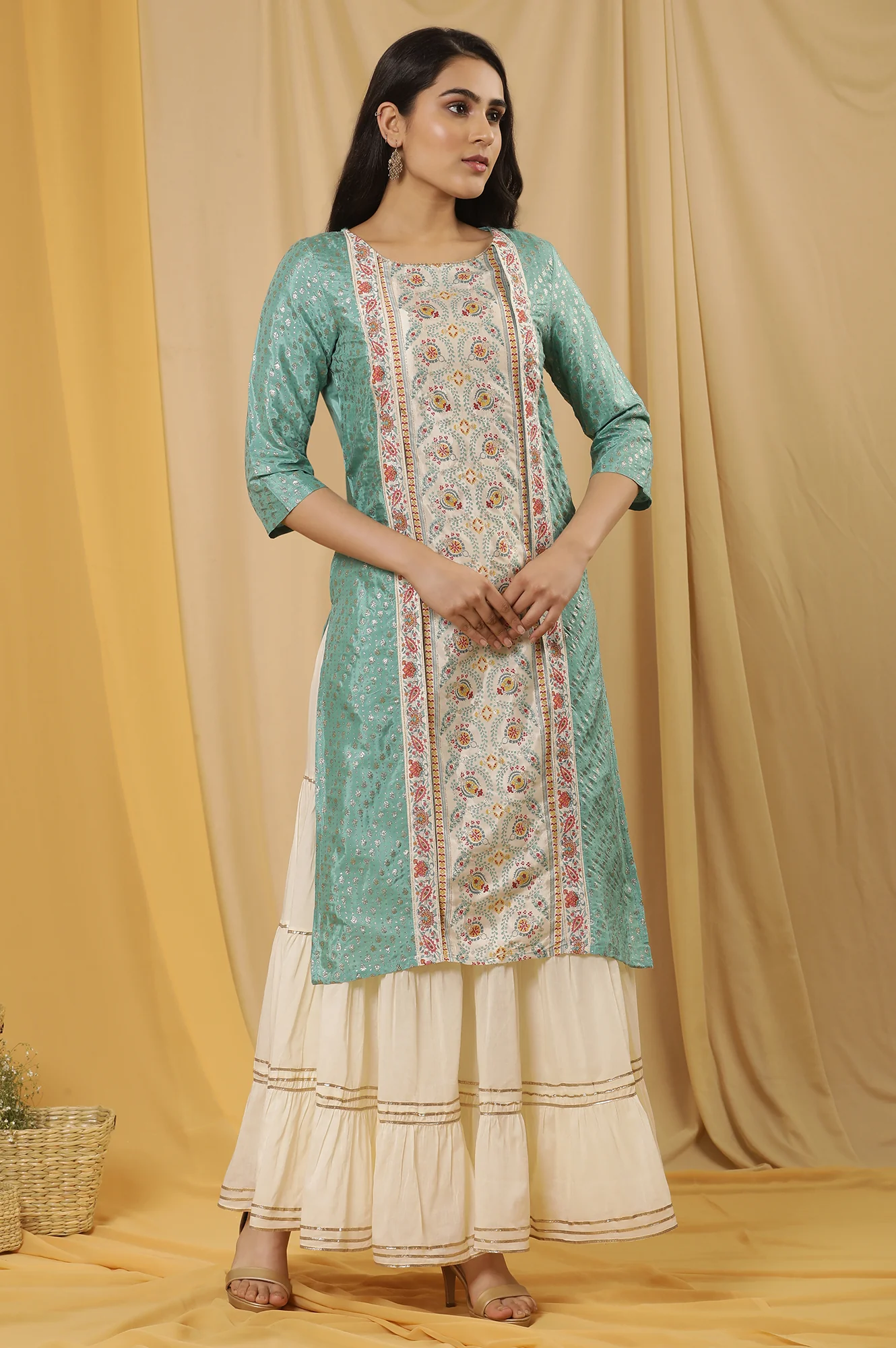Green Mock Layer Printed Kurta And Sharara Set - Image 5