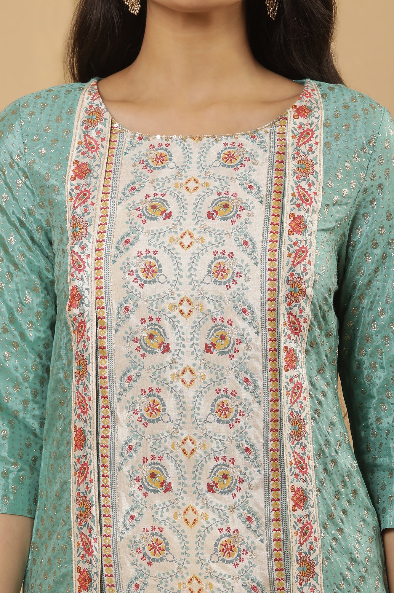 Green Mock Layer Printed Kurta And Sharara Set - Image 6