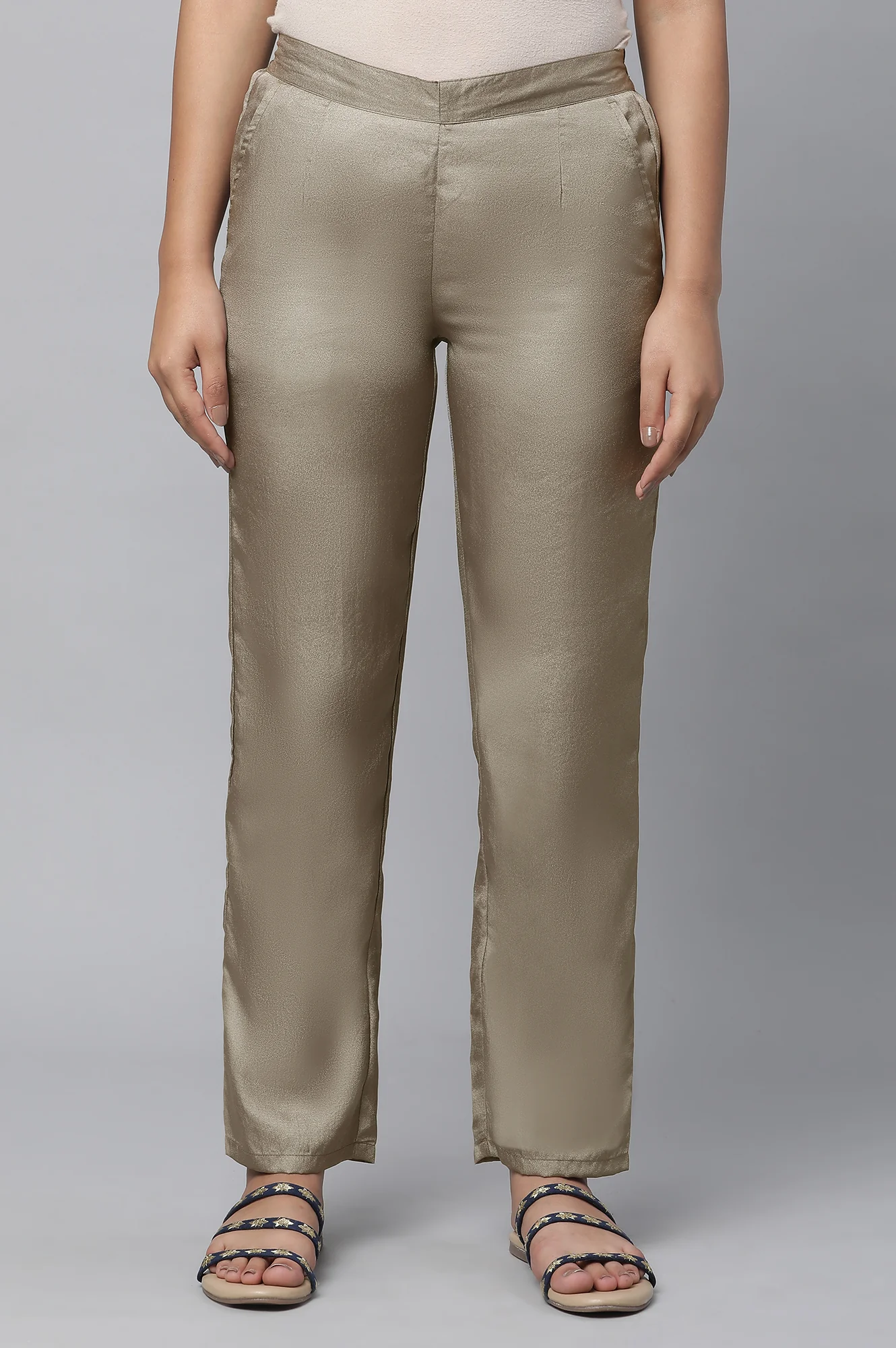 Elleven Women's Olive Gold Solid Straight-fit Woven Pants with Side Pockets