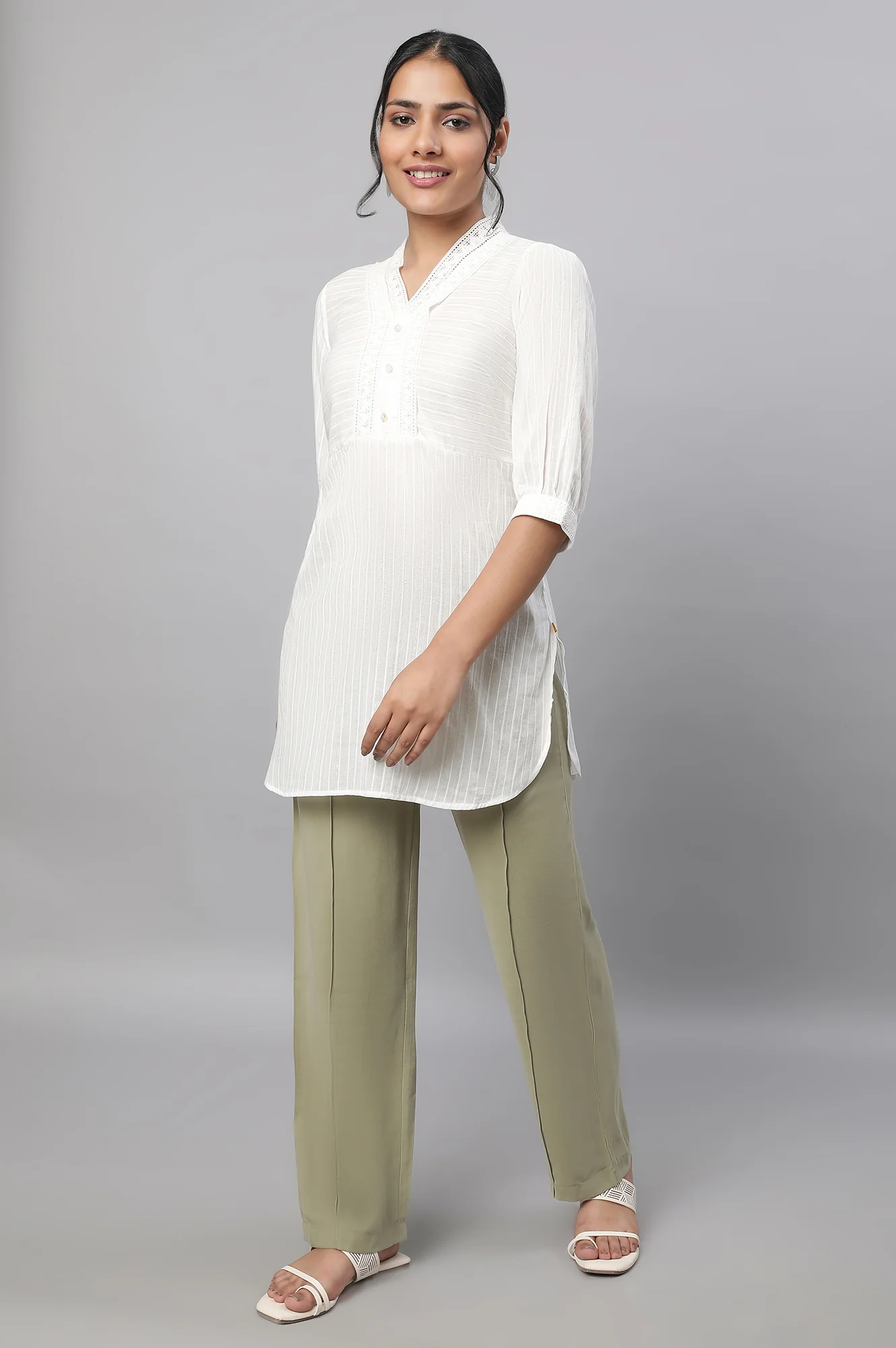 Elleven Women's Muted Sage Green Solid Straight Fit Woven Pants With Pintuck Detail - Image 5