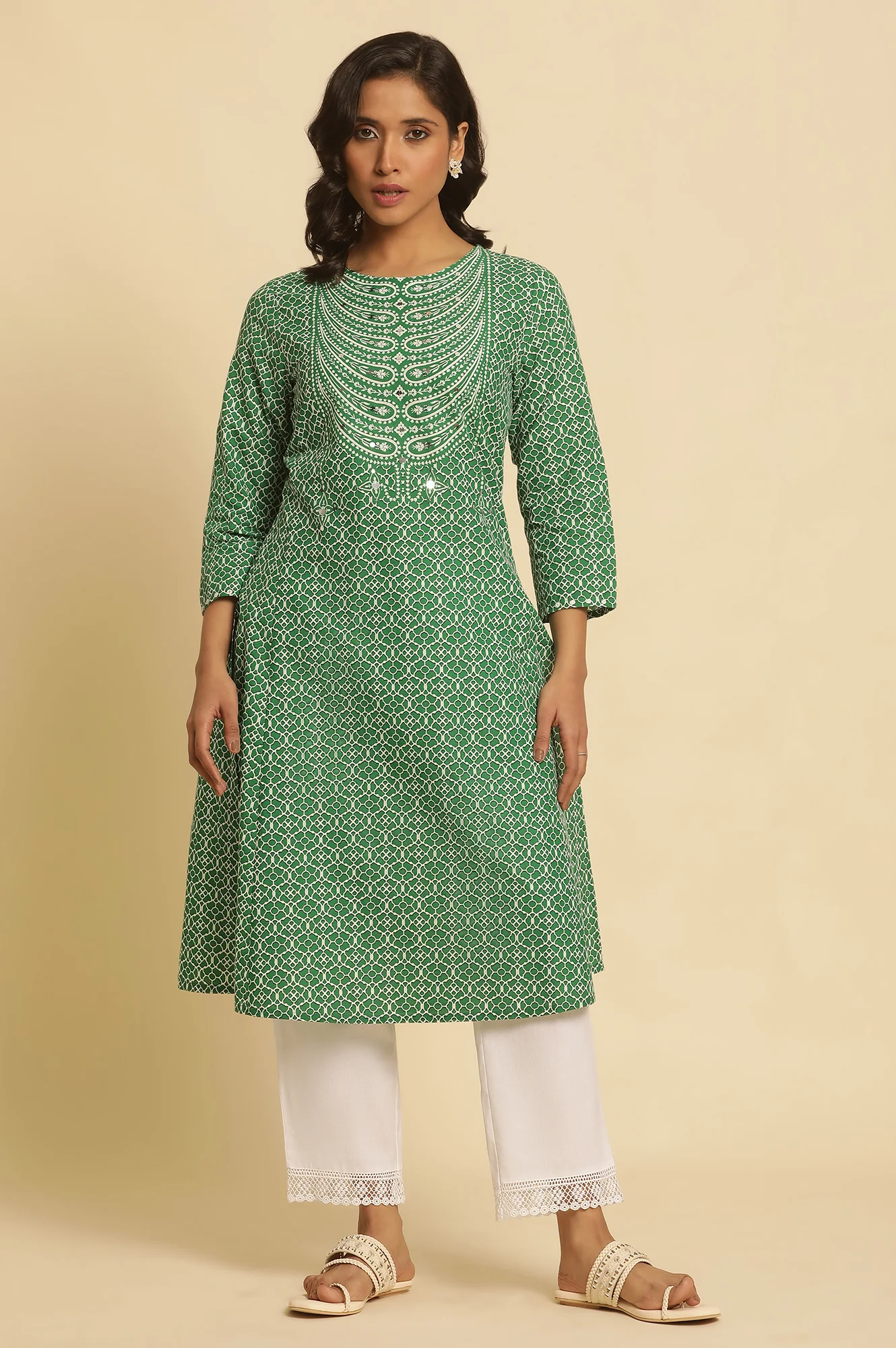Green Printed A-Line Kurta - Image 2