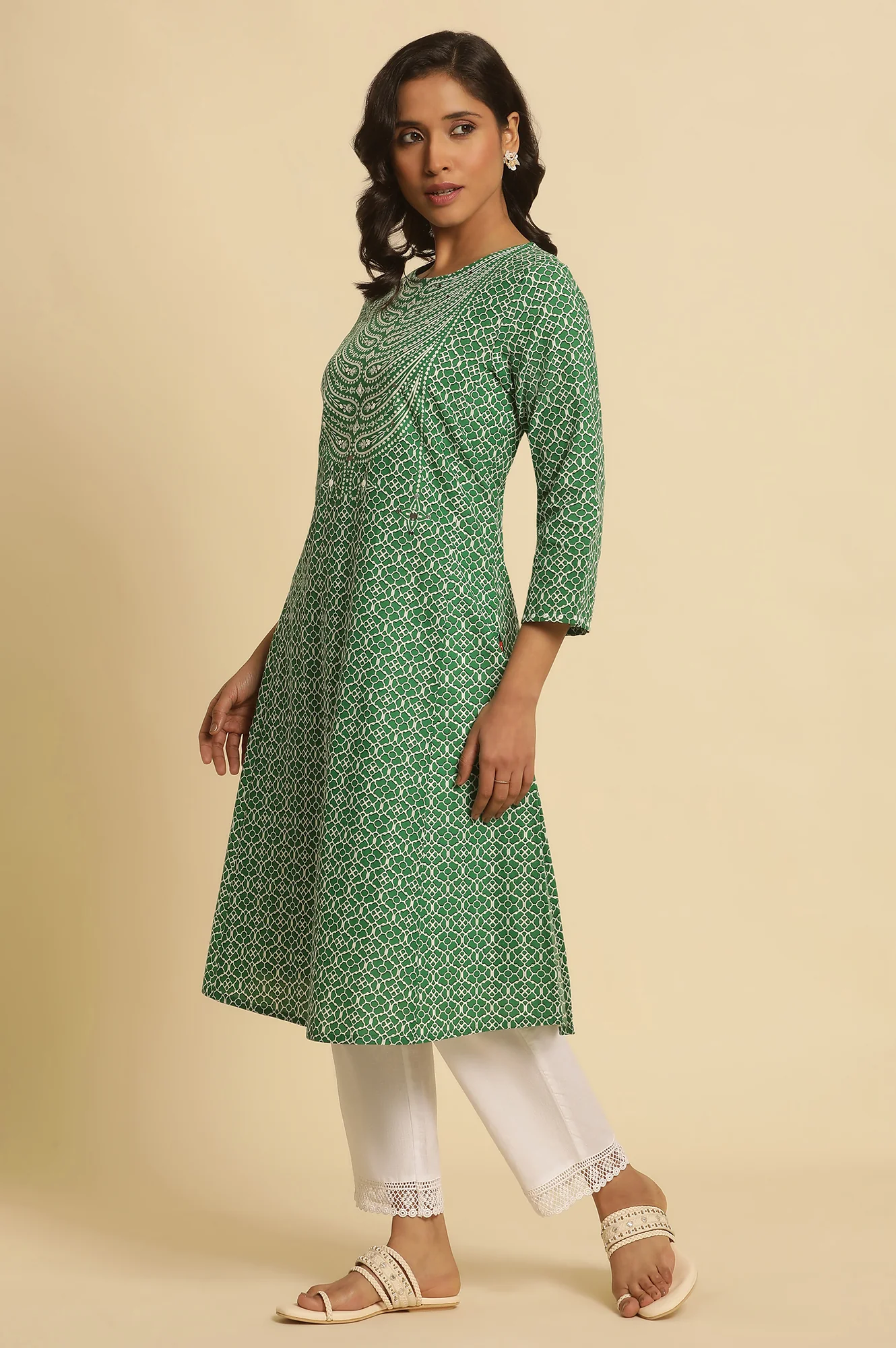 Green Printed A-Line Kurta - Image 3