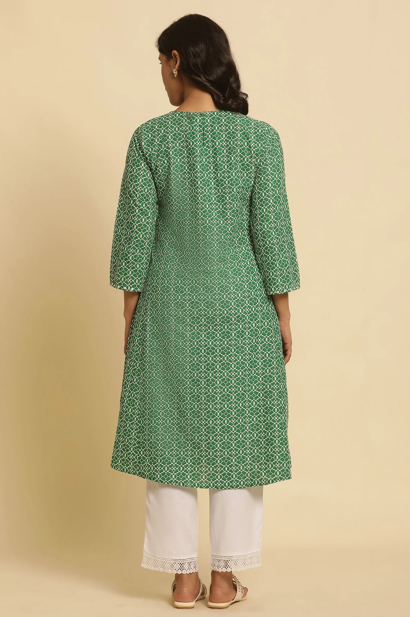 Green Printed A-Line Kurta - Image 4