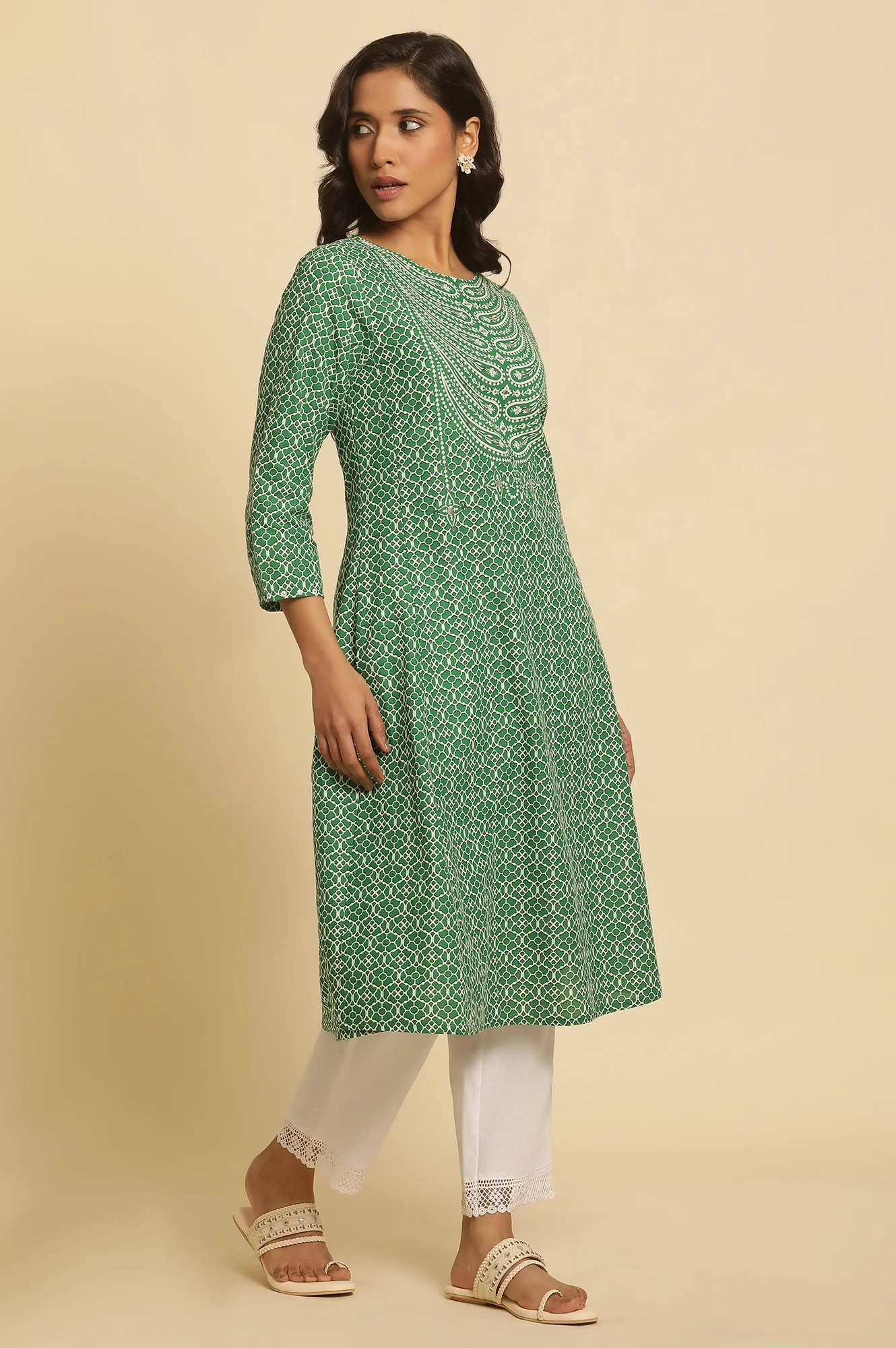 Green Printed A-Line Kurta - Image 5