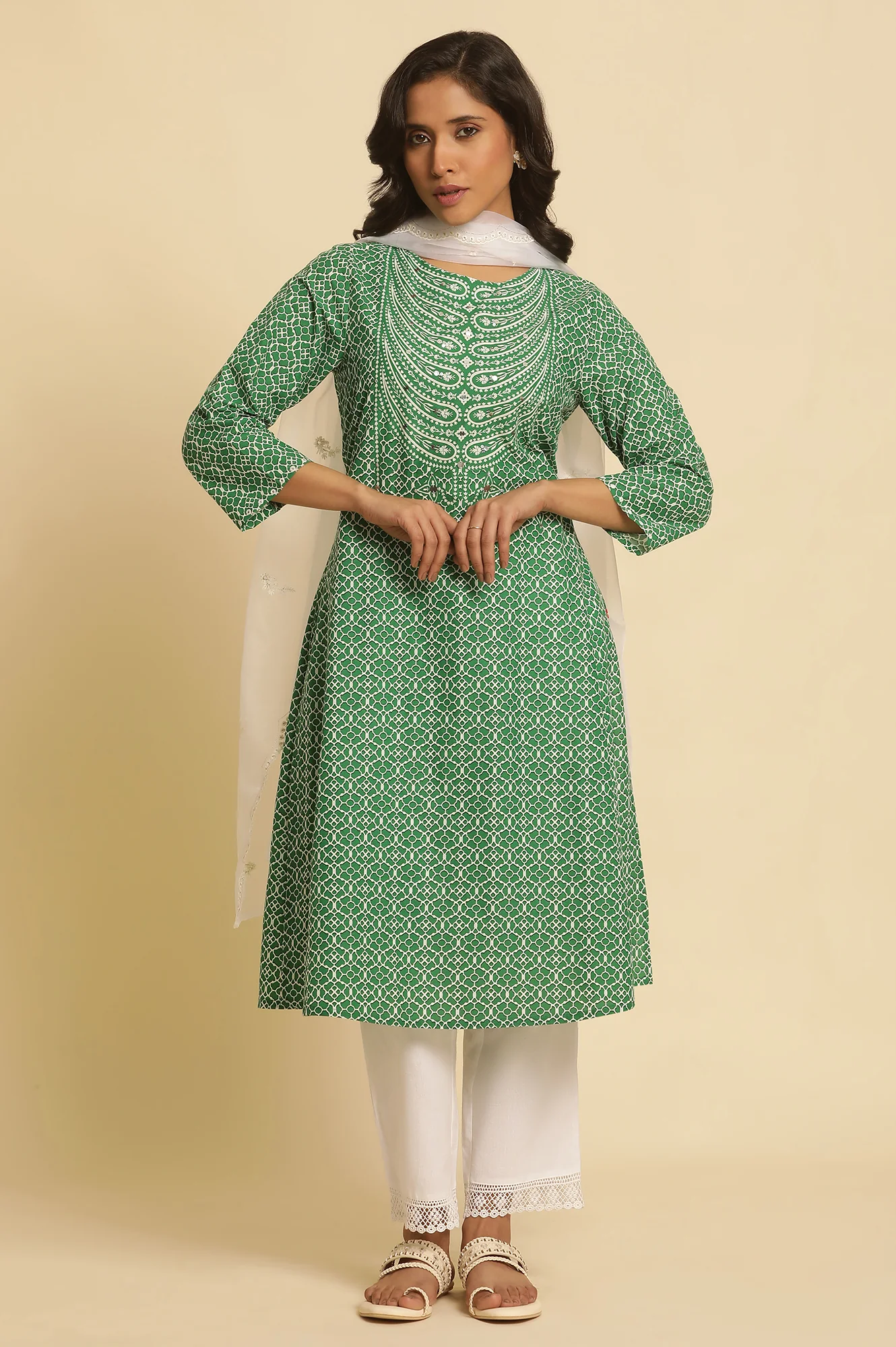 Green Printed A-Line Kurta - Image 6