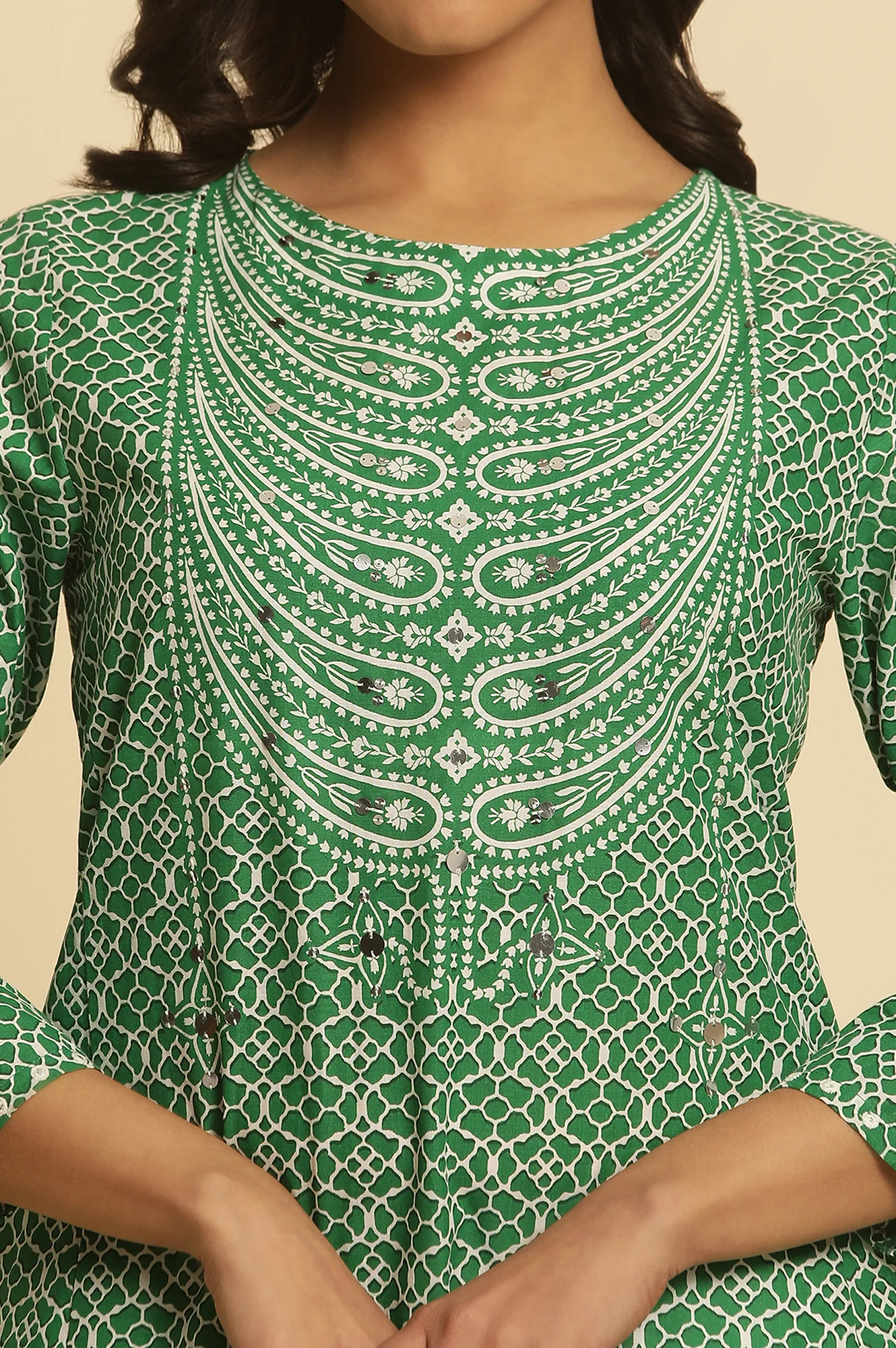 Green Printed A-Line Kurta - Image 7