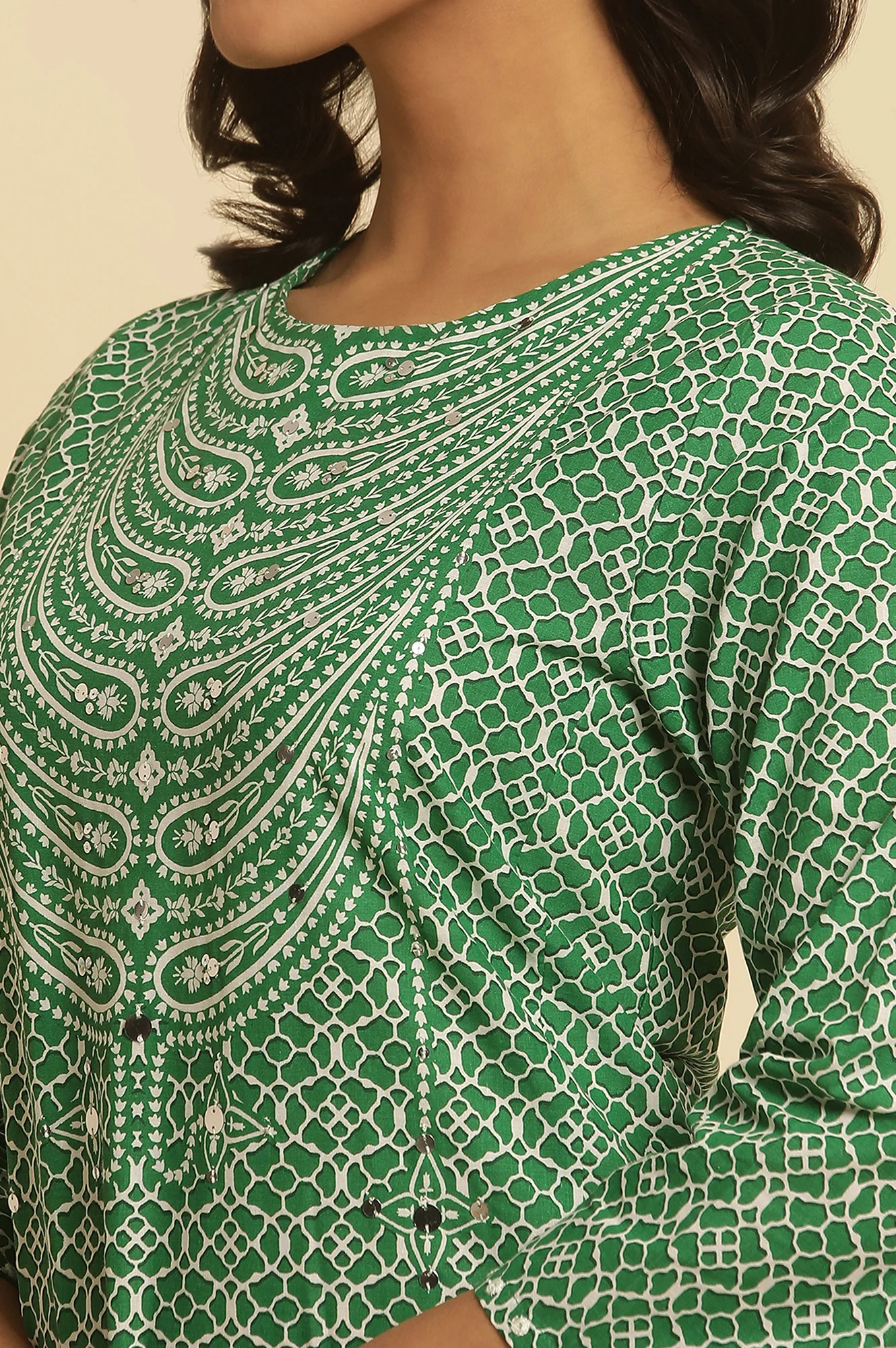 Green Printed A-Line Kurta - Image 8
