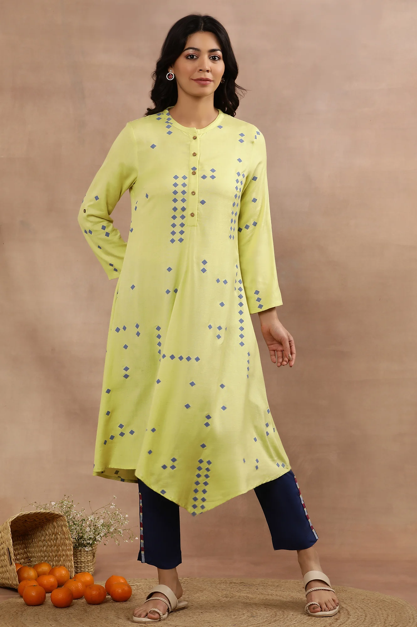 Green Printed Asymmetrical Kurta And Blue Slim Pants Set - Image 3