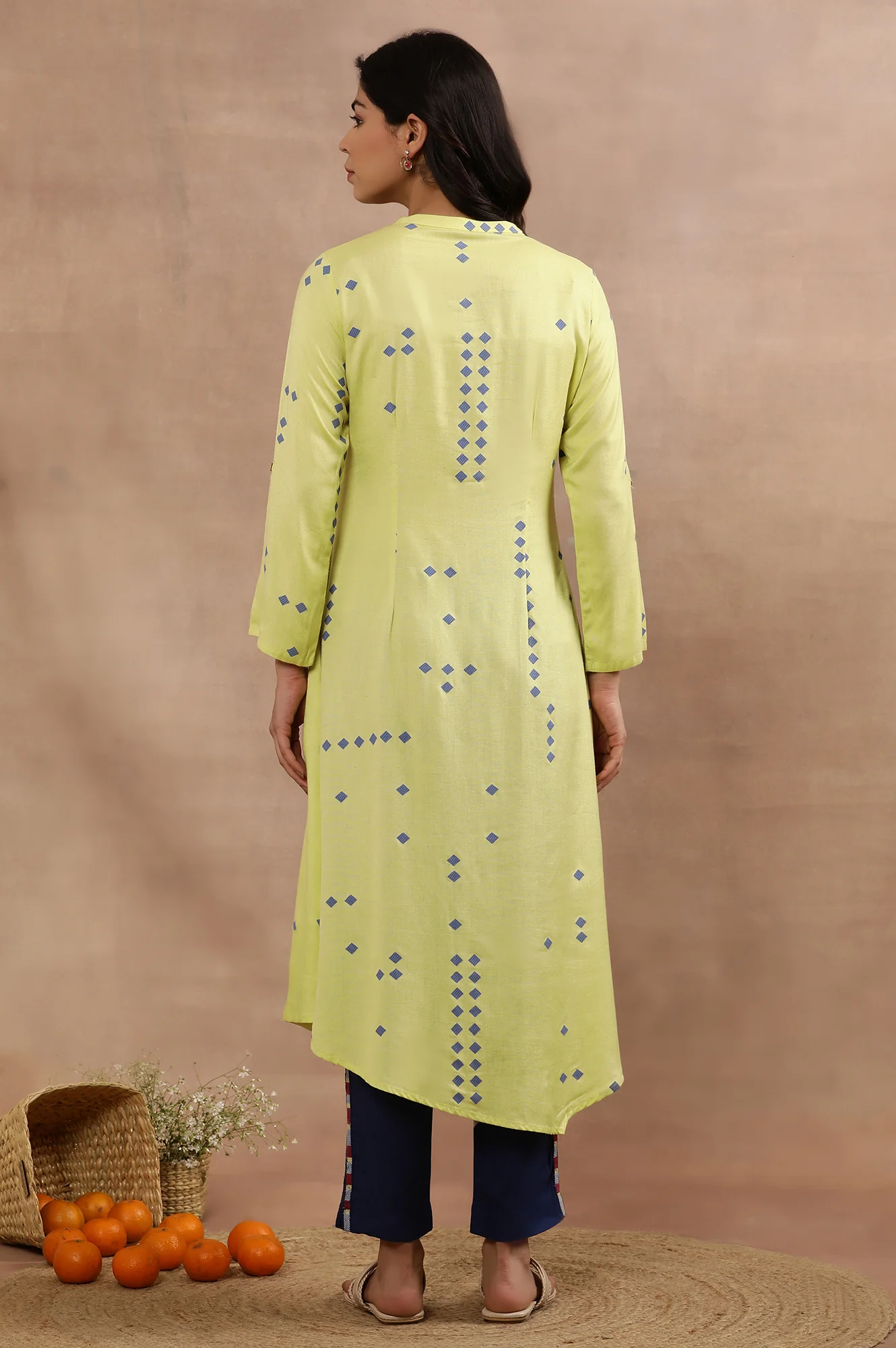 Green Printed Asymmetrical Kurta And Blue Slim Pants Set - Image 5