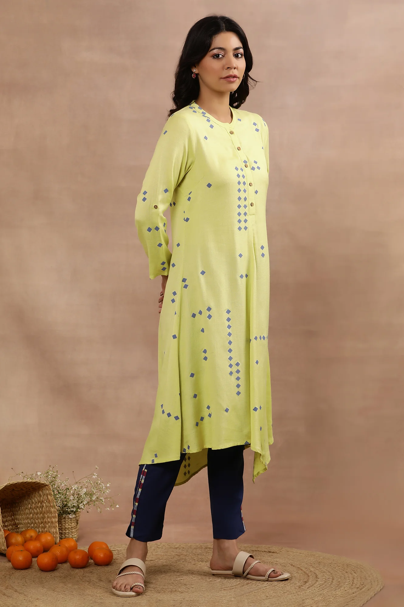 Green Printed Asymmetrical Kurta And Blue Slim Pants Set - Image 6