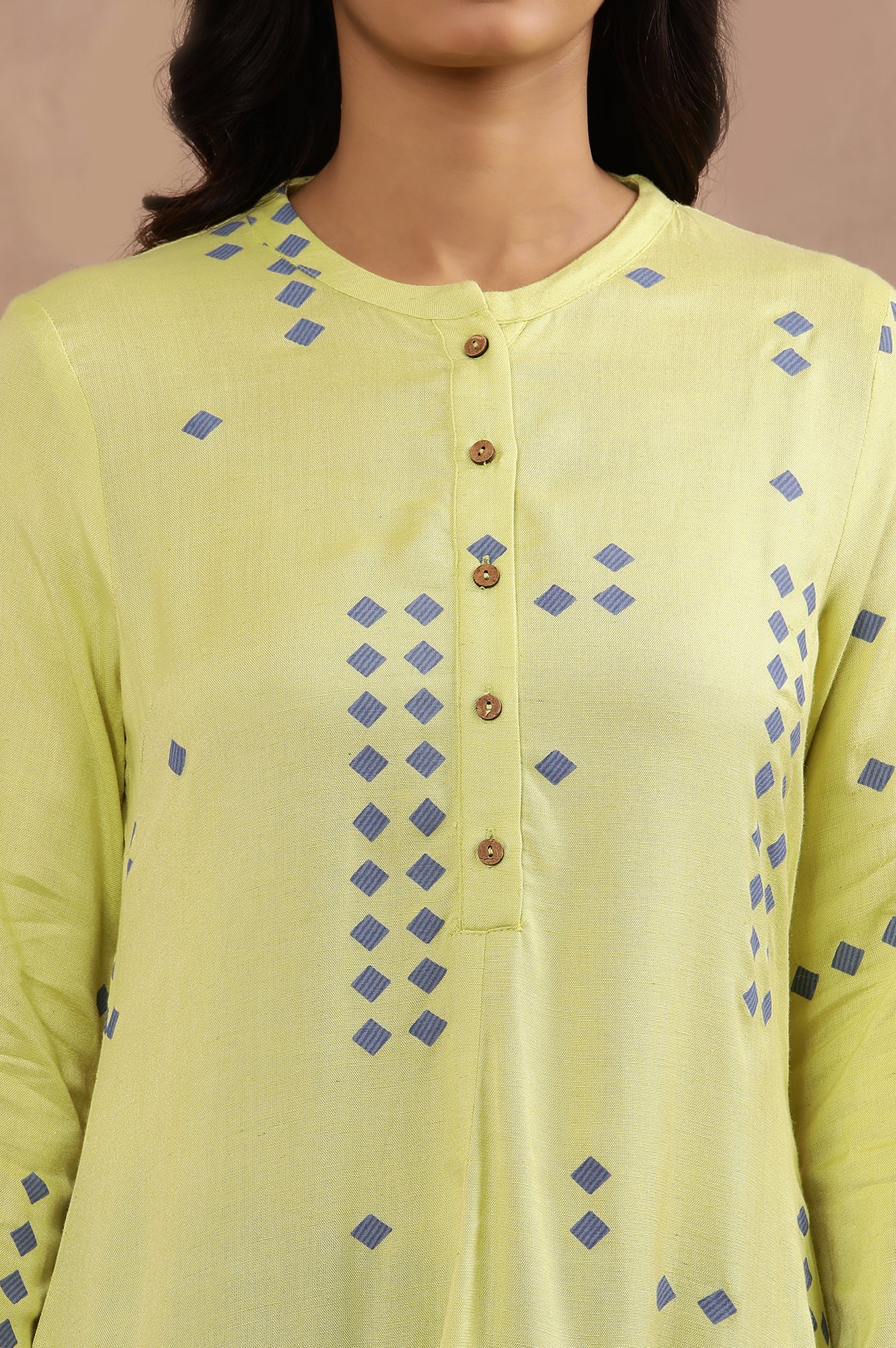 Green Printed Asymmetrical Kurta And Blue Slim Pants Set - Image 7