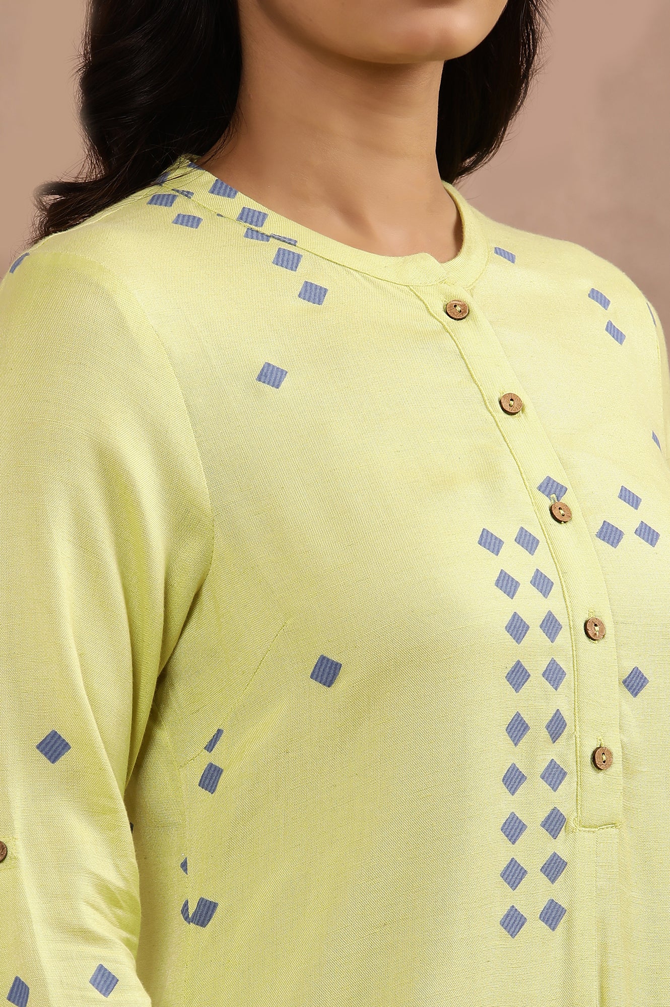 Green Printed Asymmetrical Kurta And Blue Slim Pants Set - Image 8