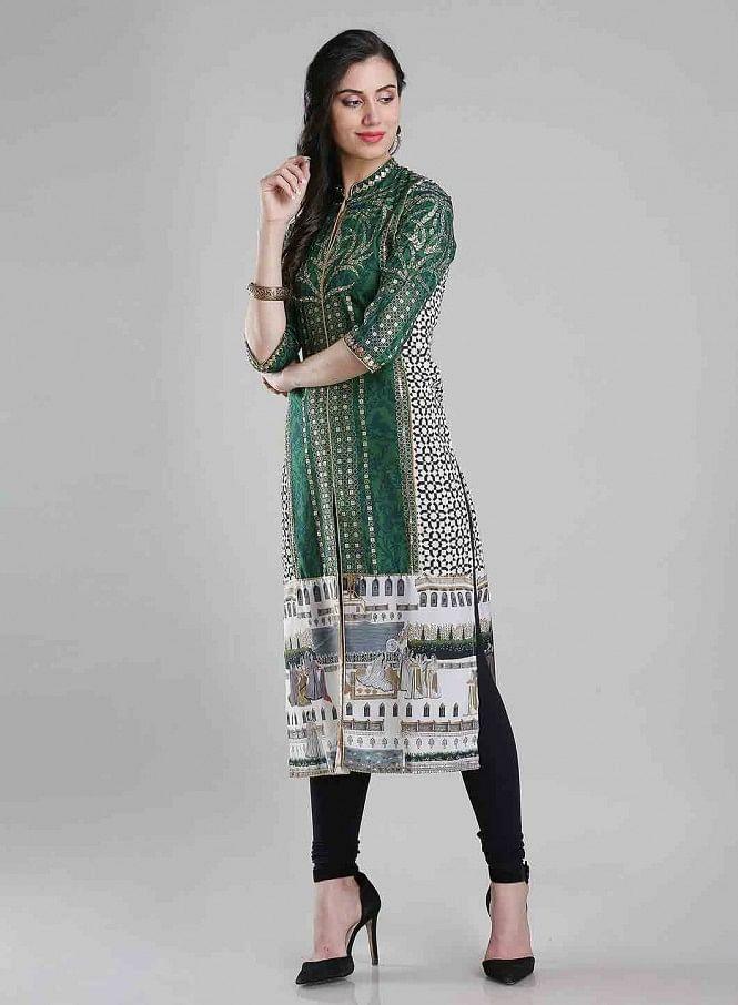 Green Printed Mandarin Neck kurta - Image 8