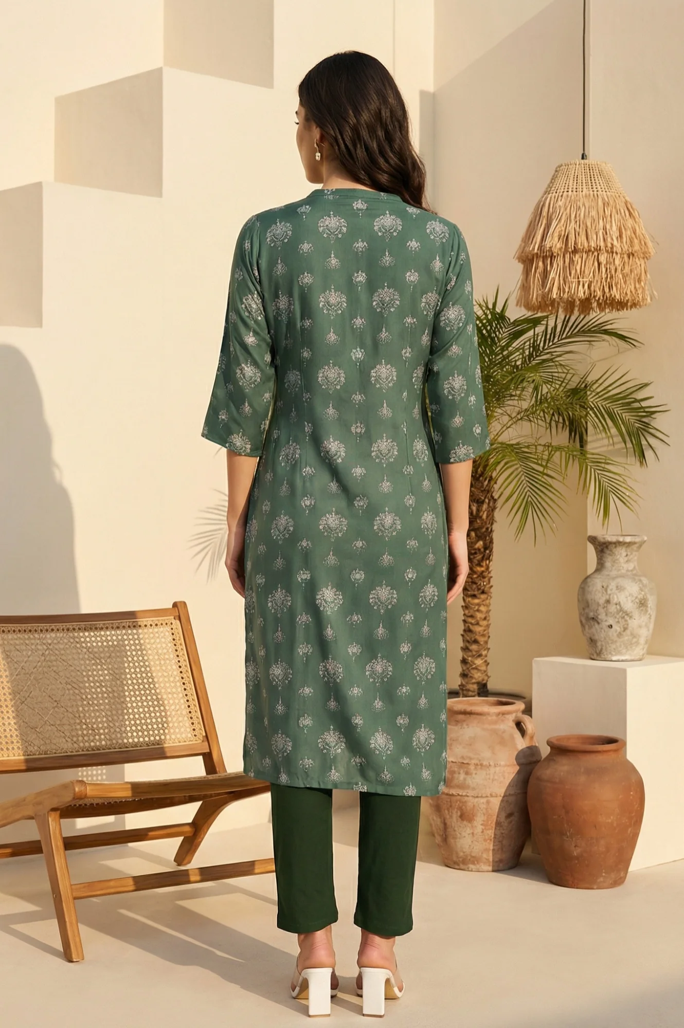 Green Floral Printed Rayon Straight Kurta - Image 4