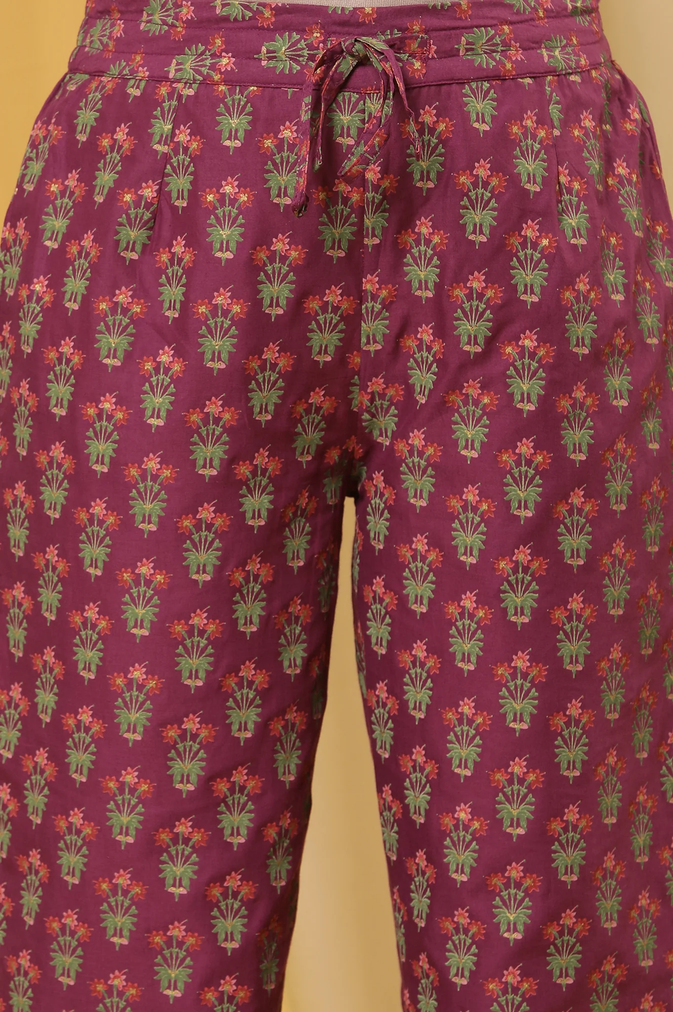 Green Printed Straight Kurta And Purple Pants Set - Image 8