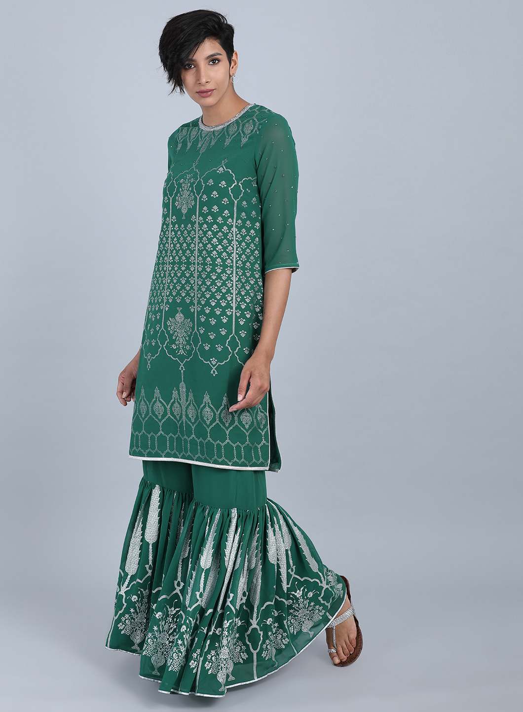 Green Round Neck Printed kurta Set - Image 2